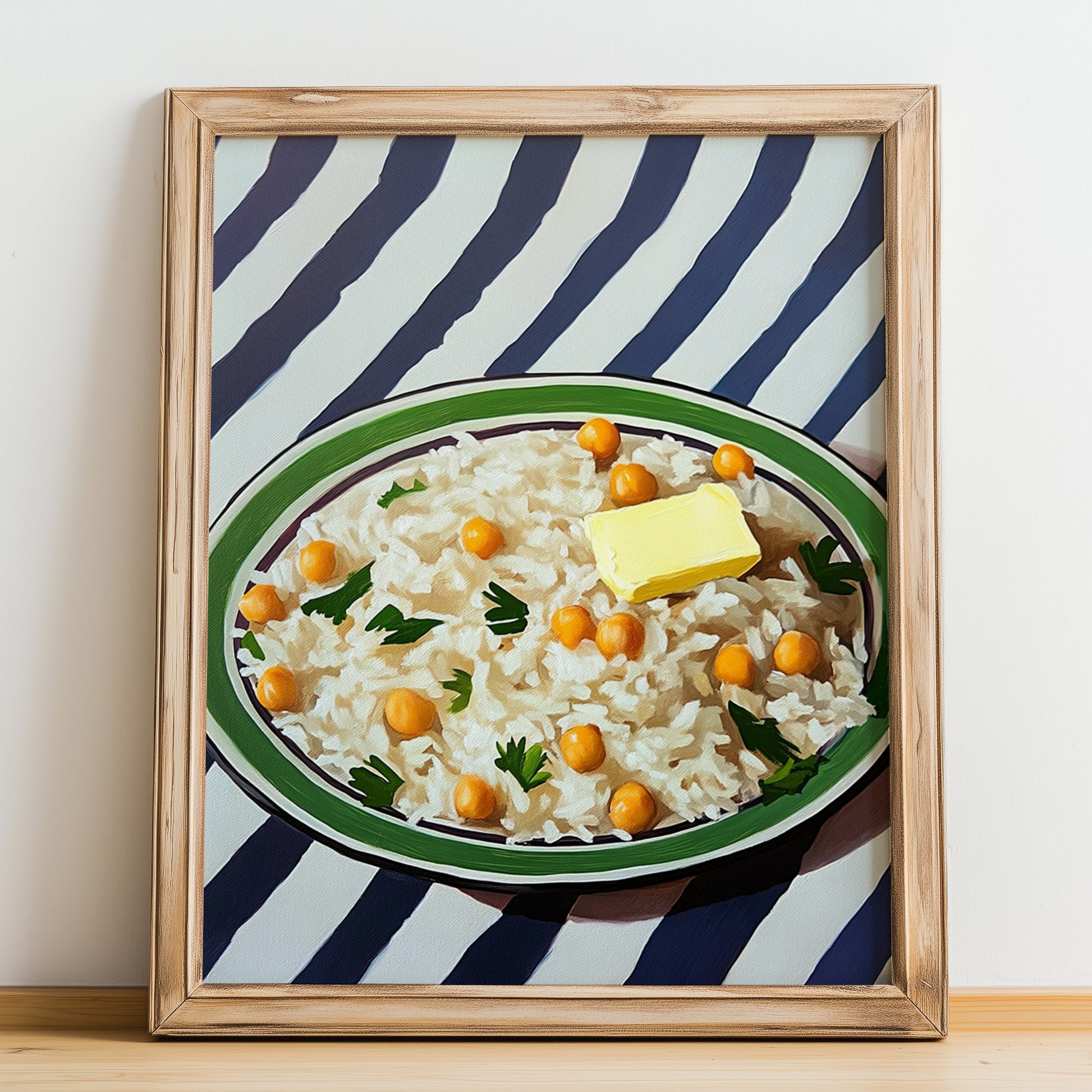Pilav – on Striped Tablecloth, Turkish Food Print, no-text version framed in wood