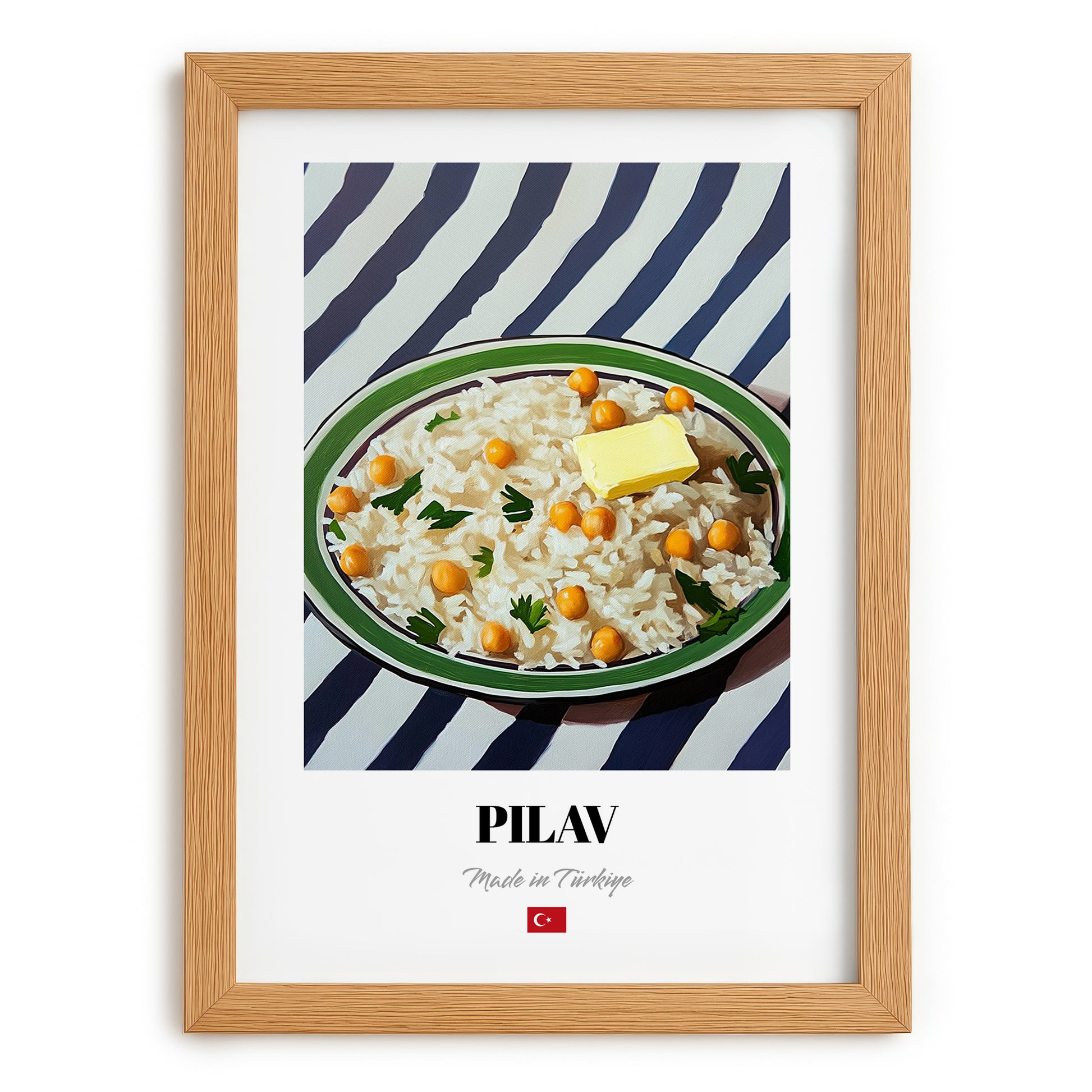 Pilav – on Striped Tablecloth, Turkish Food Print, set in oak frame