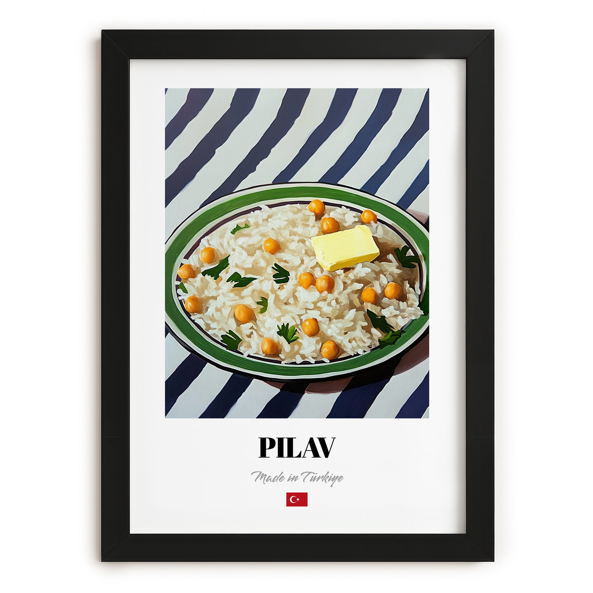 Pilav – on Striped Tablecloth, Turkish Food Print, in sleek black frame
