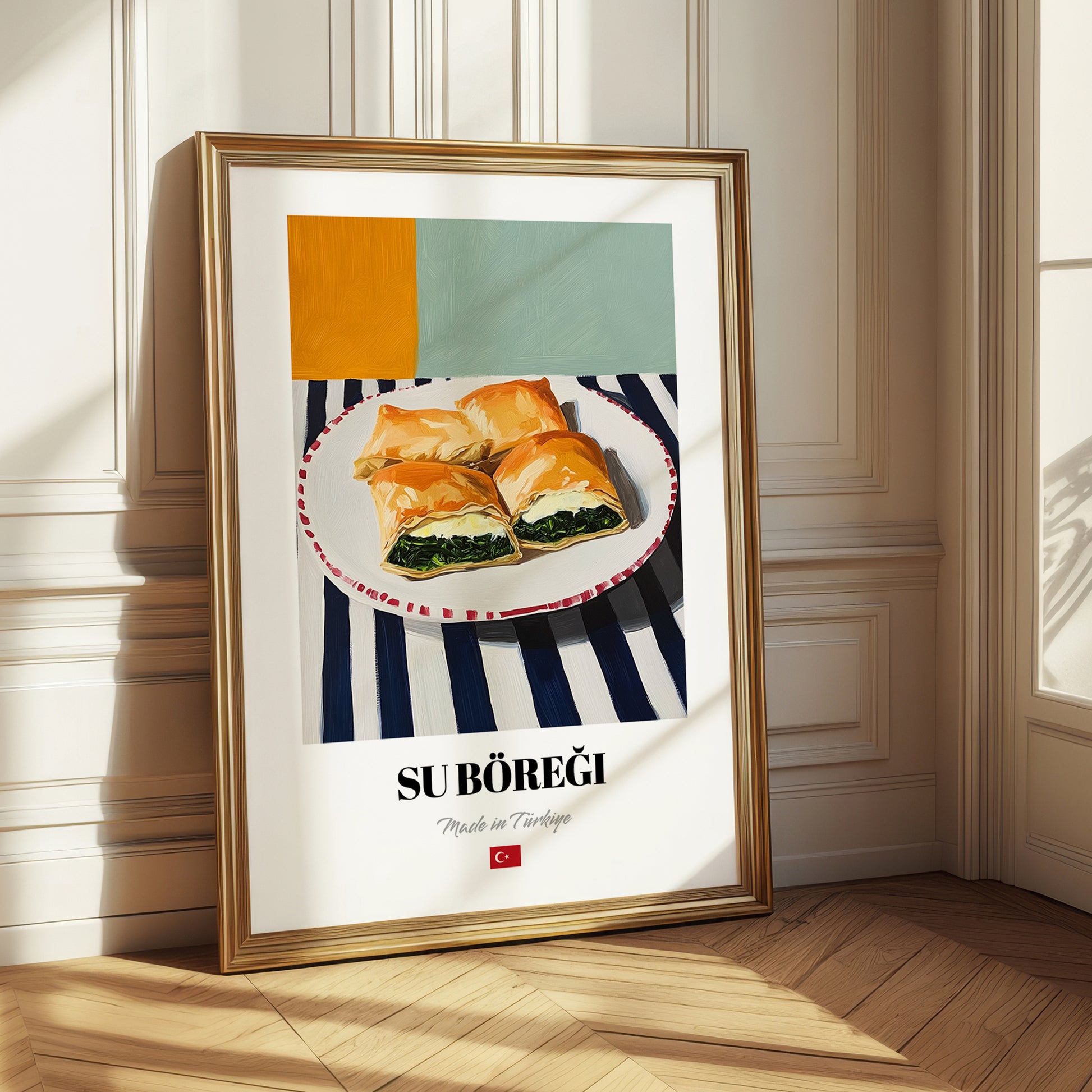 Su Böreği – on Striped Tablecloth, Turkish Pastry Poster 