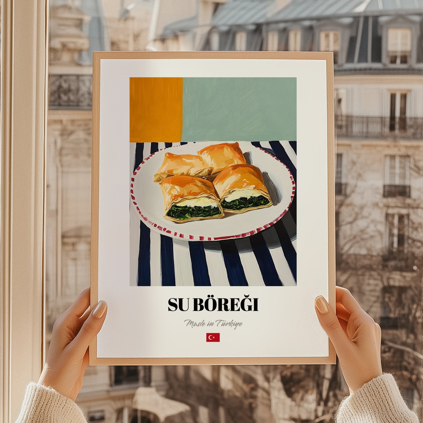 Su Böreği – on Striped Tablecloth, Turkish Pastry Poster, styled in a charming Paris street view