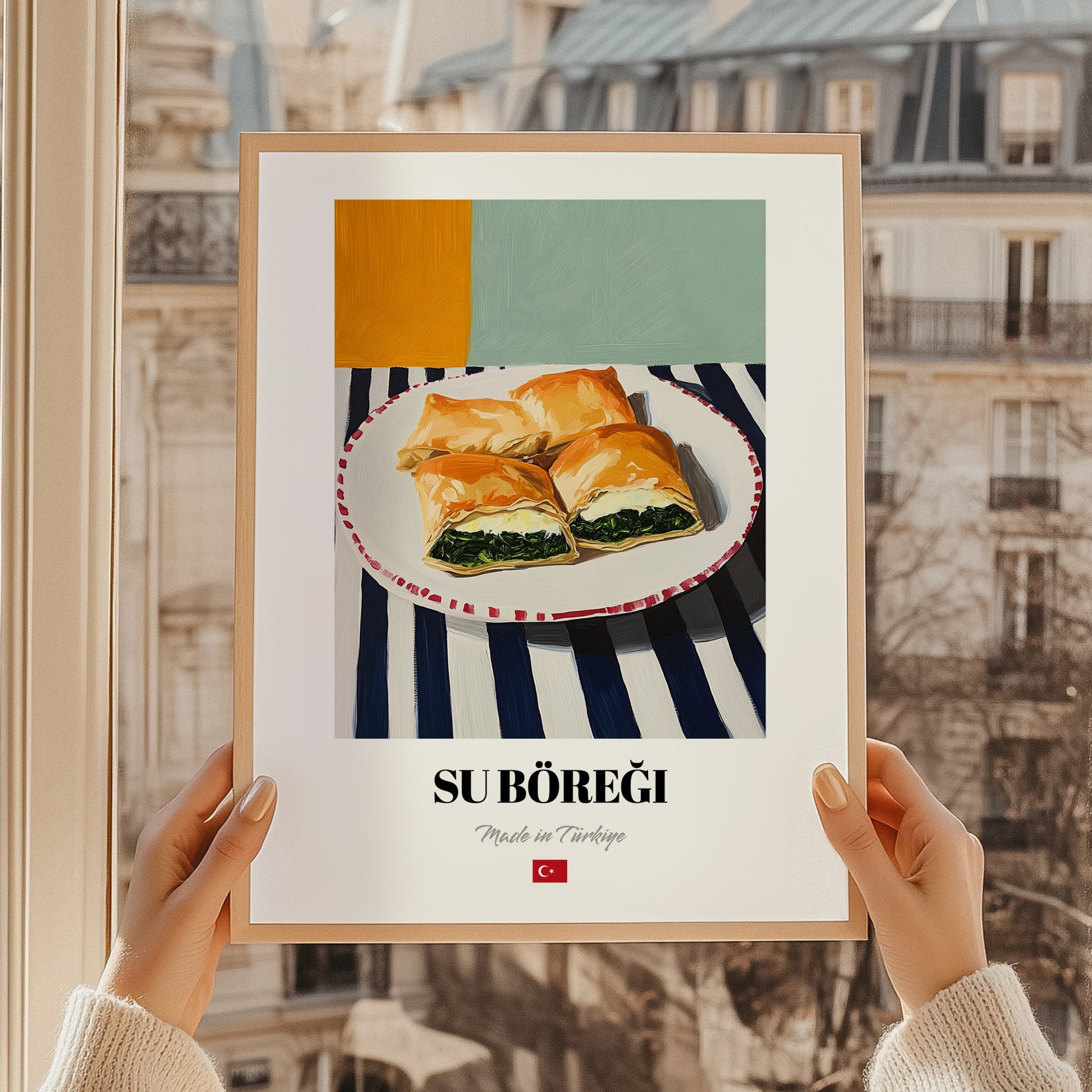 Su Böreği – on Striped Tablecloth, Turkish Pastry Poster, styled in a charming Paris street view