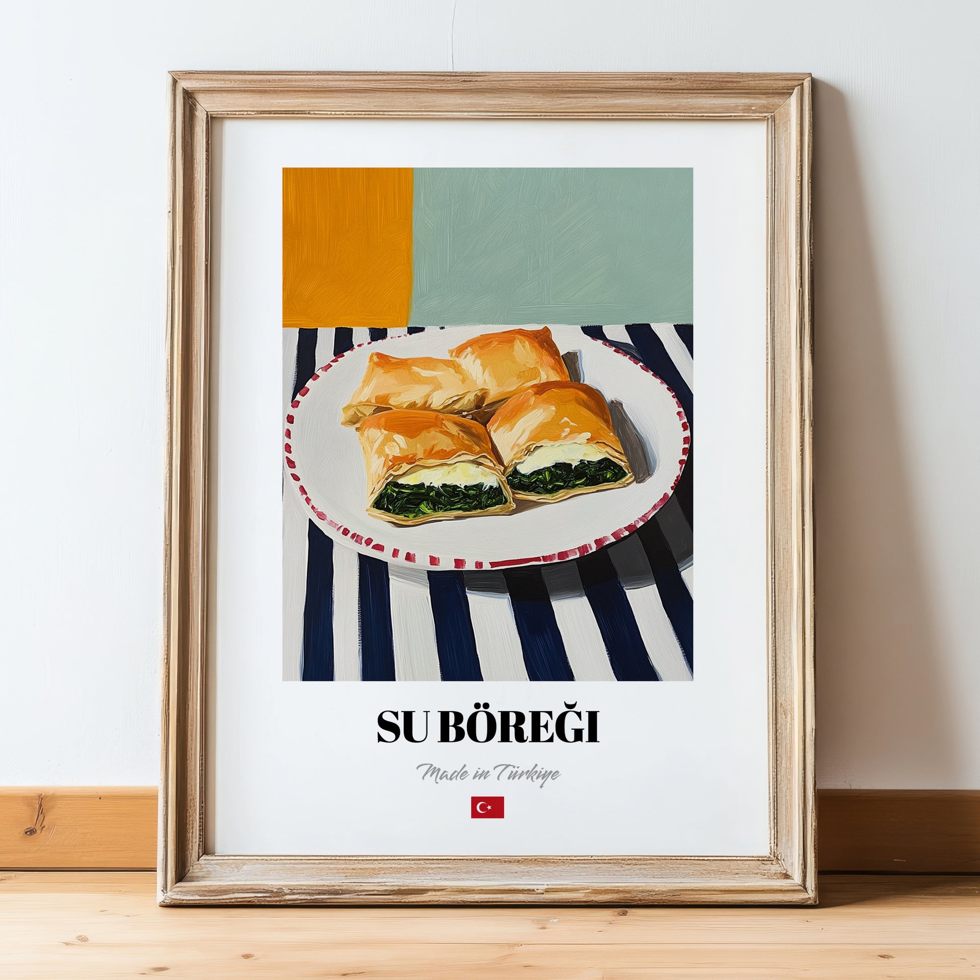 Su Böreği – on Striped Tablecloth, Turkish Pastry Poster, in wooden frame leaning on the floor