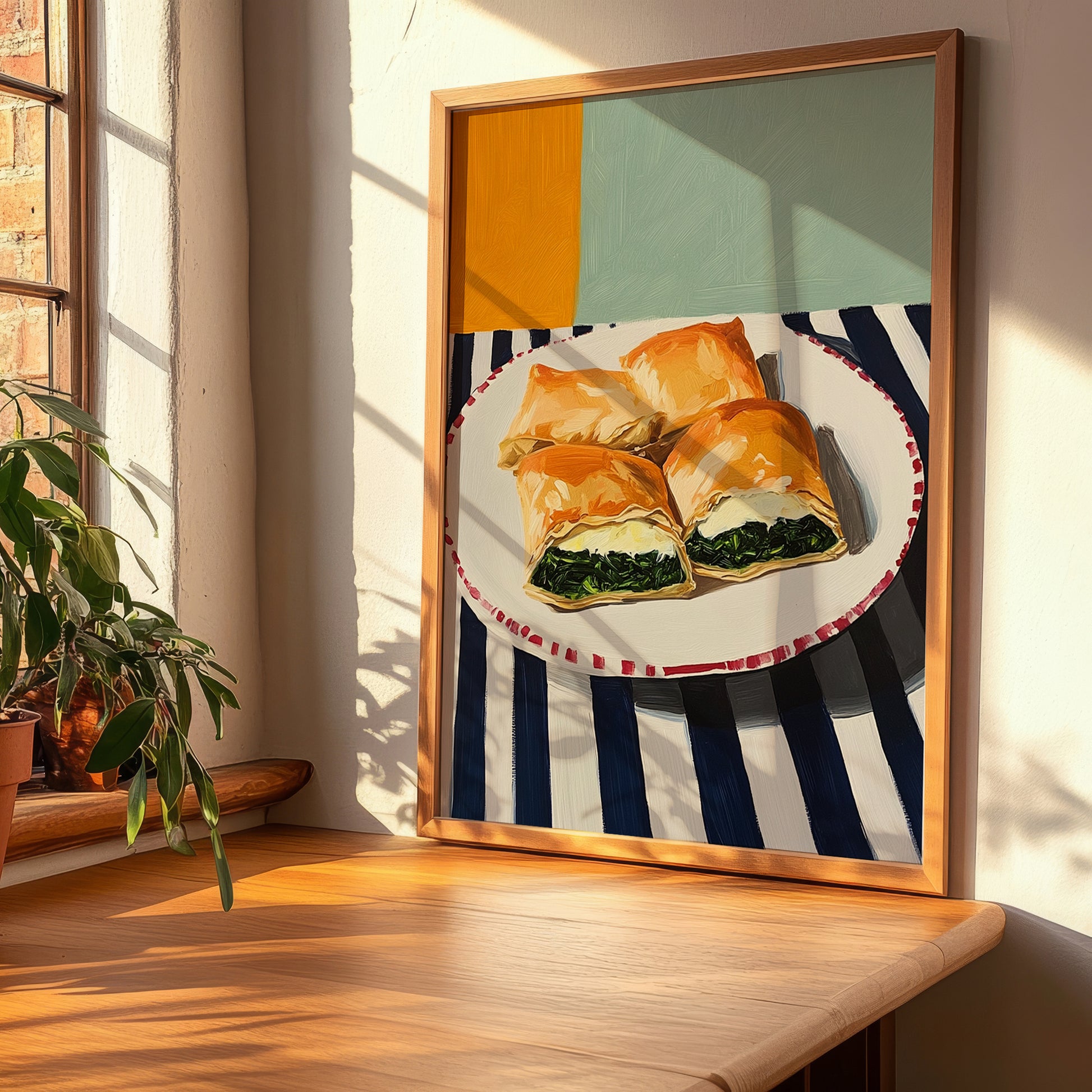 Su Böreği – on Striped Tablecloth, Turkish Pastry Poster, clean layout with no caption