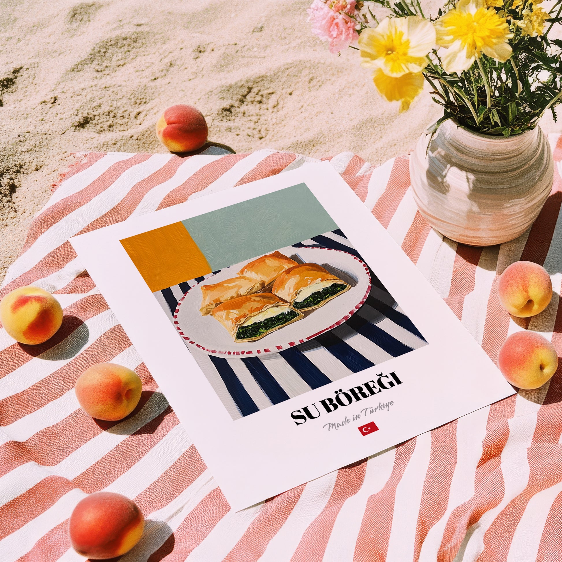 Su Böreği – on Striped Tablecloth, Turkish Pastry Poster, unframed on coastal sand