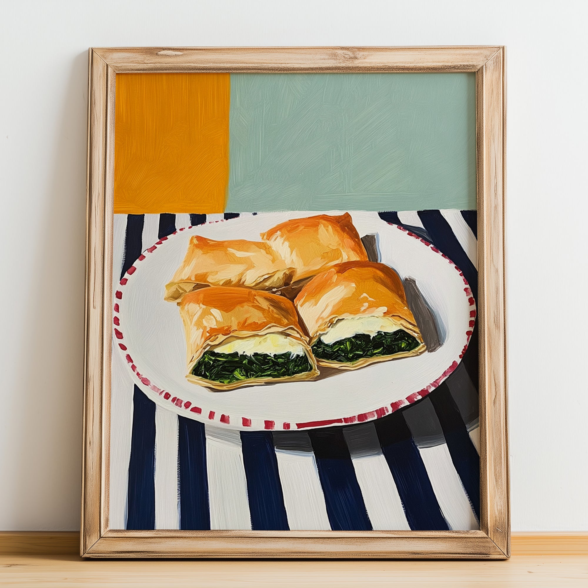 Su Böreği – on Striped Tablecloth, Turkish Pastry Poster, no-text version framed in wood