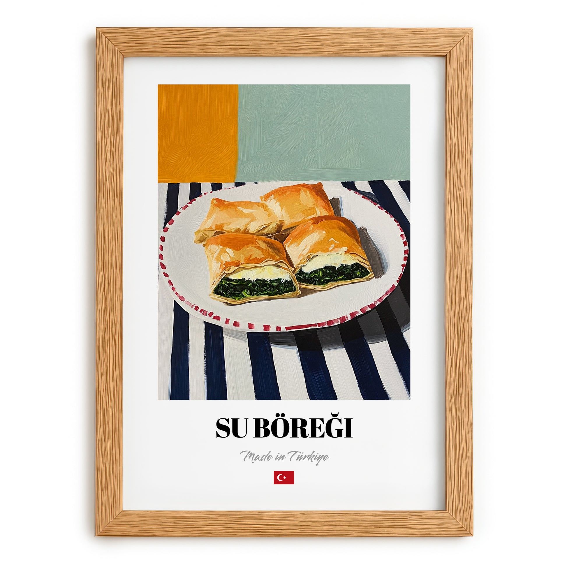 Su Böreği – on Striped Tablecloth, Turkish Pastry Poster, set in oak frame