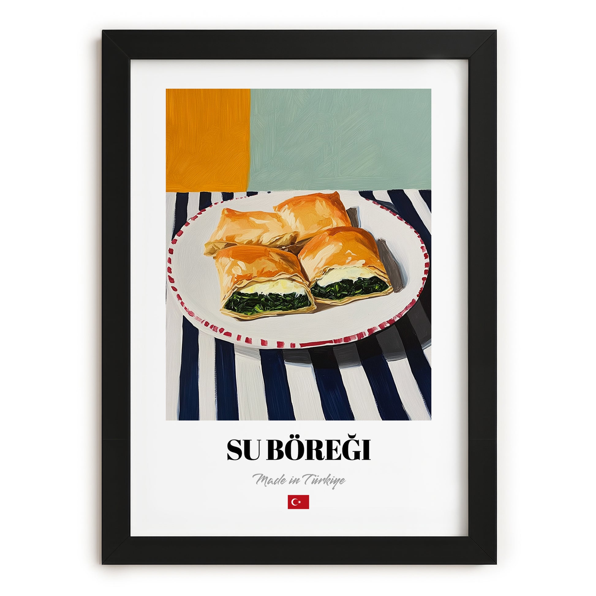 Su Böreği – on Striped Tablecloth, Turkish Pastry Poster, in sleek black frame