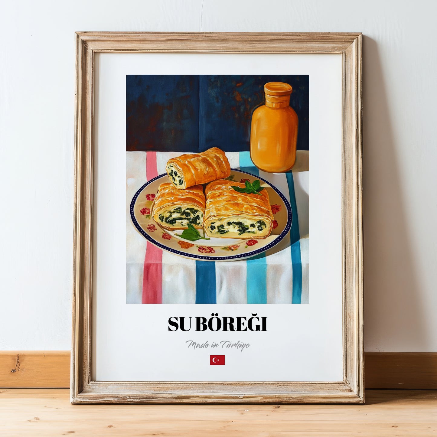 Su Böreği – Art, Turkish Pastry Poster, in wooden frame leaning on the floor