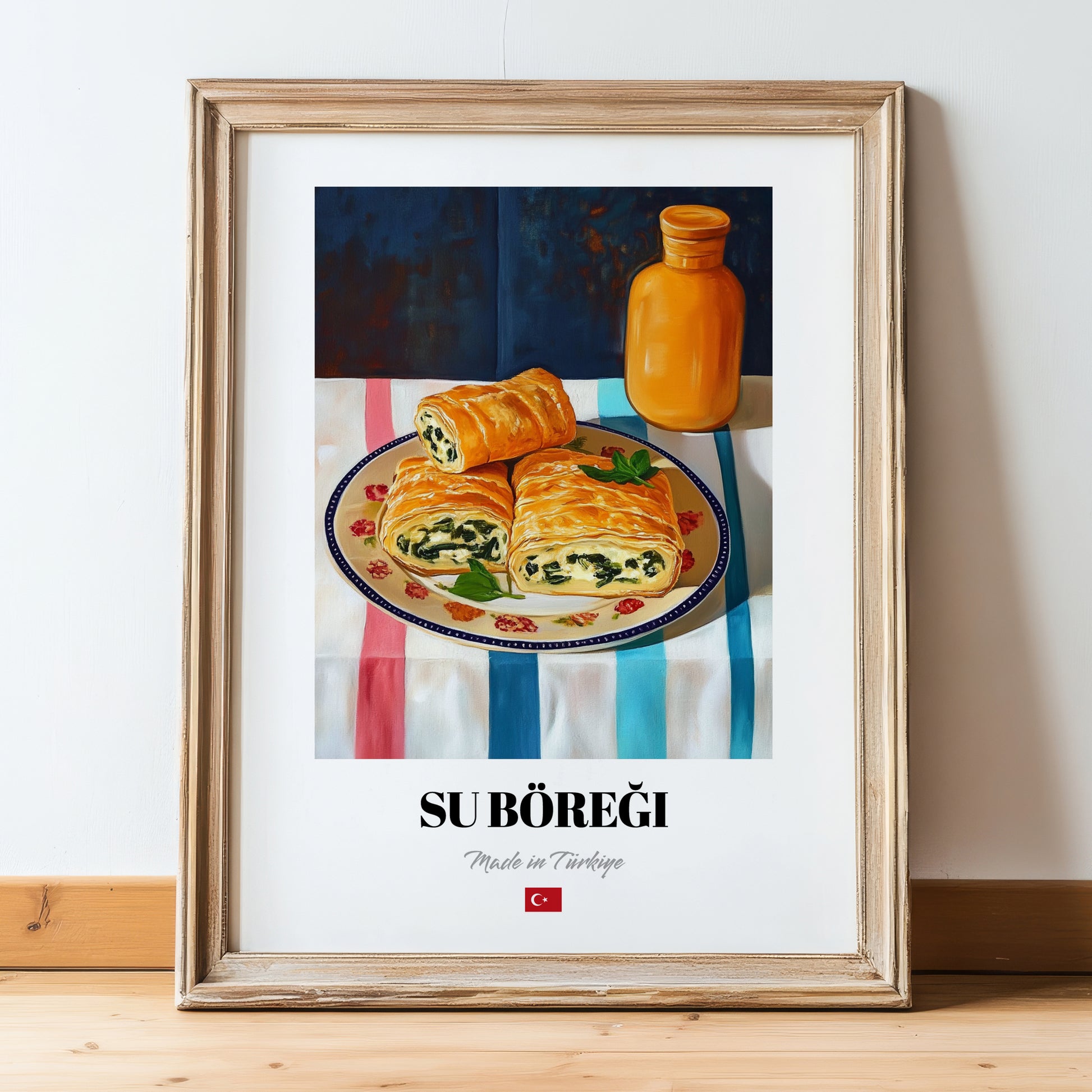 Su Böreği – Art, Turkish Pastry Poster, in wooden frame leaning on the floor