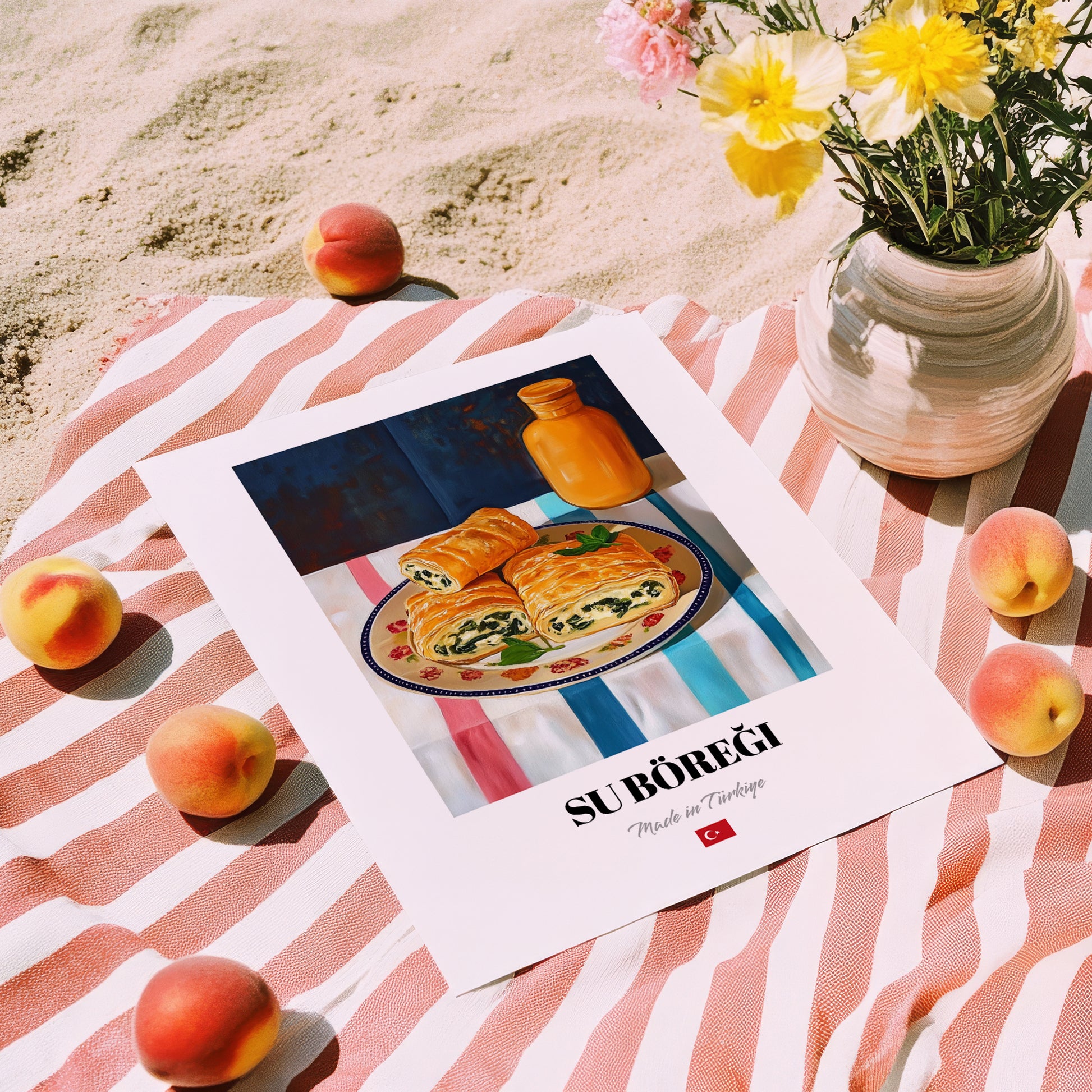 Su Böreği – Art, Turkish Pastry Poster, unframed on coastal sand