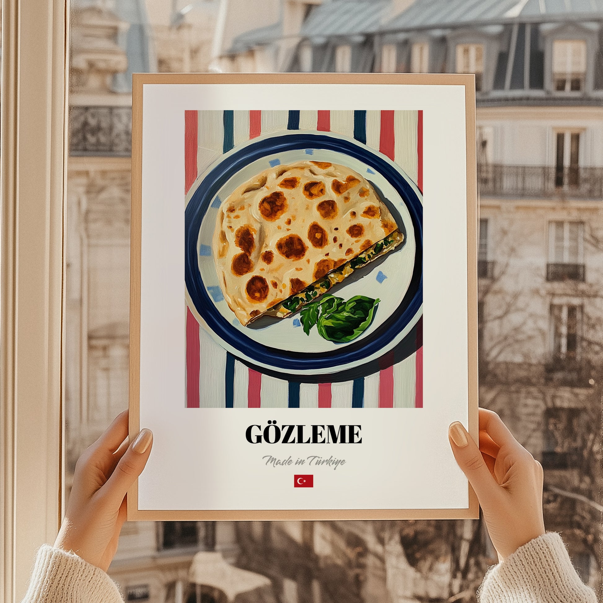 Gözleme – on Striped Tablecloth, Turkish Pastry Wall Decor, styled in a charming Paris street view