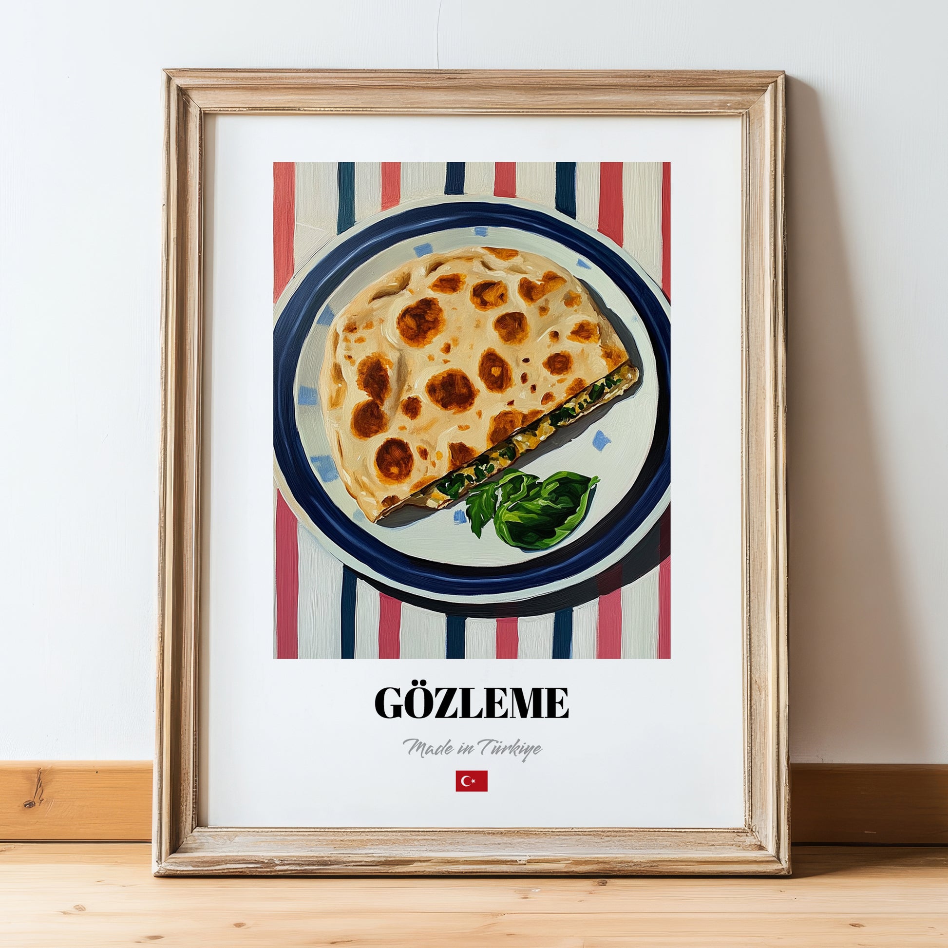 Gözleme – on Striped Tablecloth, Turkish Pastry Wall Decor, in wooden frame leaning on the floor