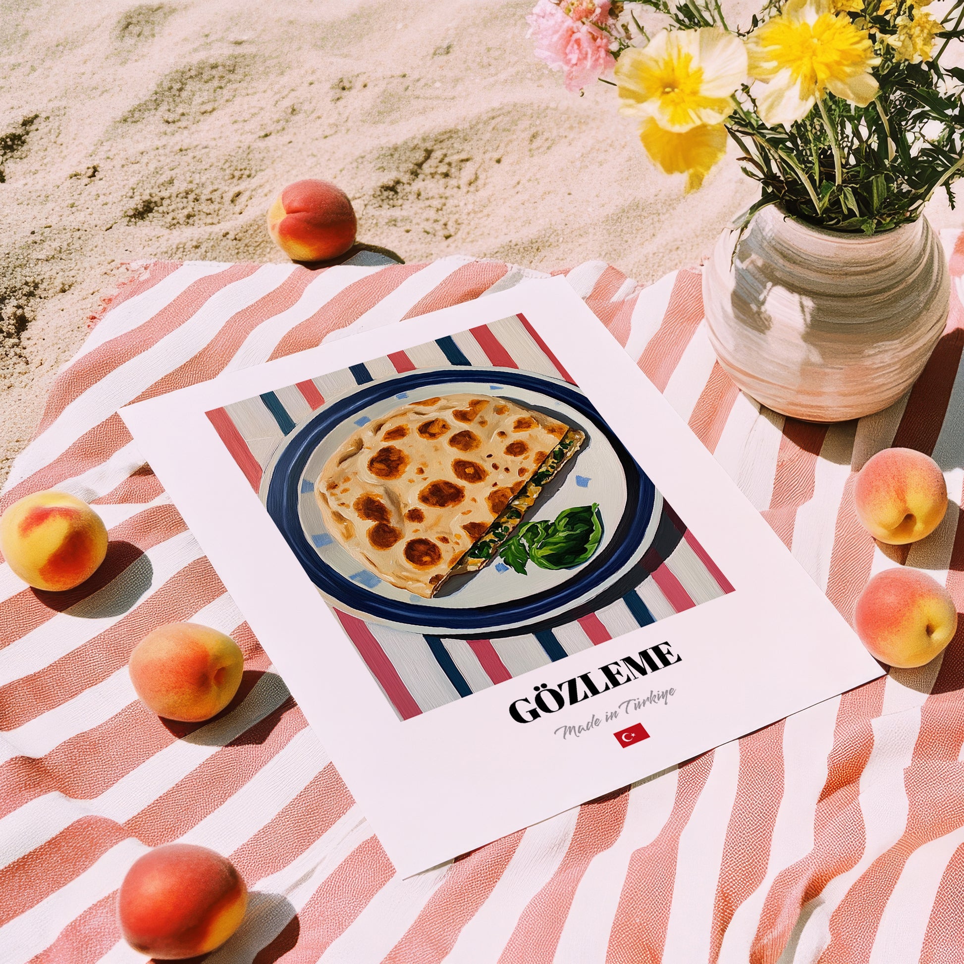 Gözleme – on Striped Tablecloth, Turkish Pastry Wall Decor, unframed on coastal sand
