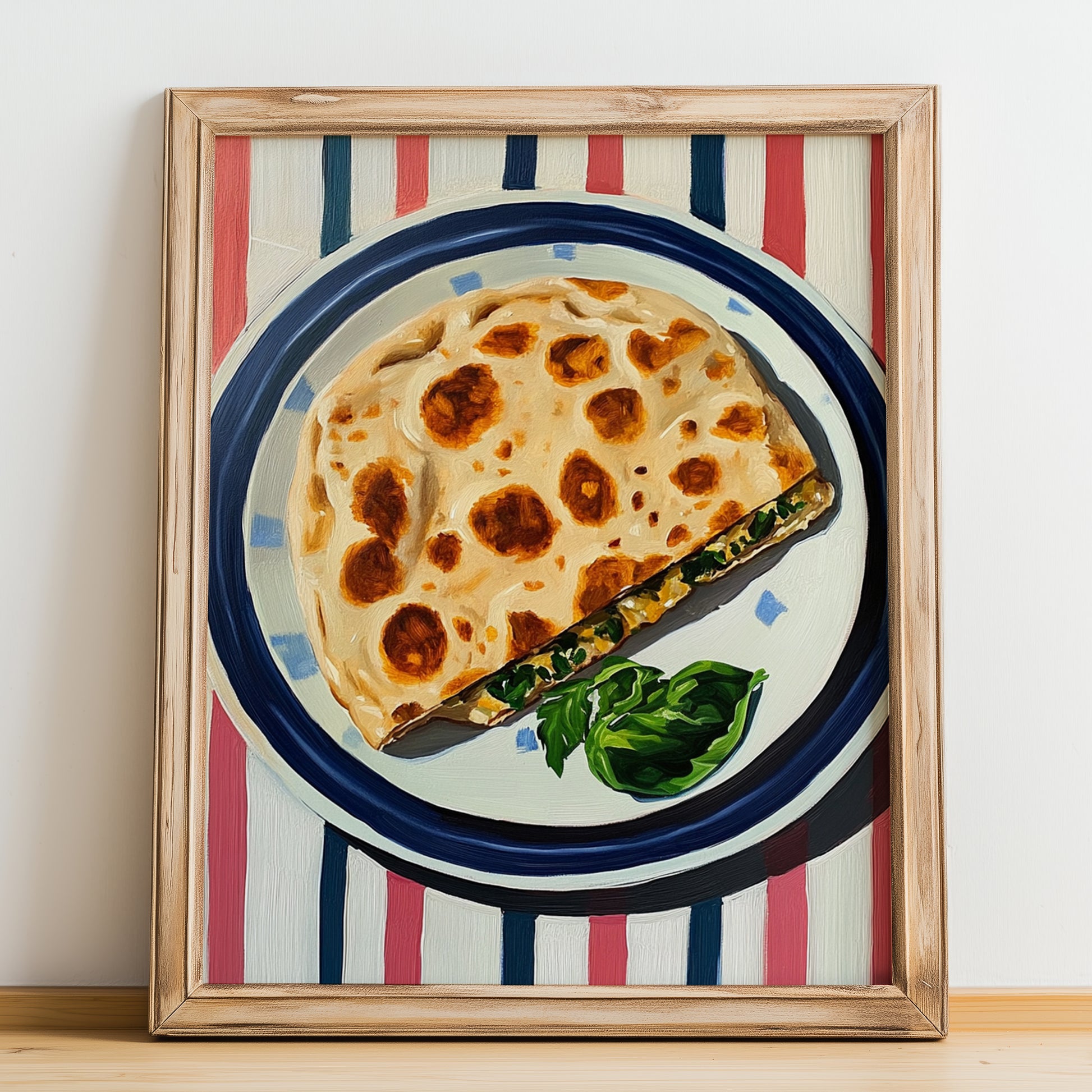 Gözleme – on Striped Tablecloth, Turkish Pastry Wall Decor, no-text version framed in wood
