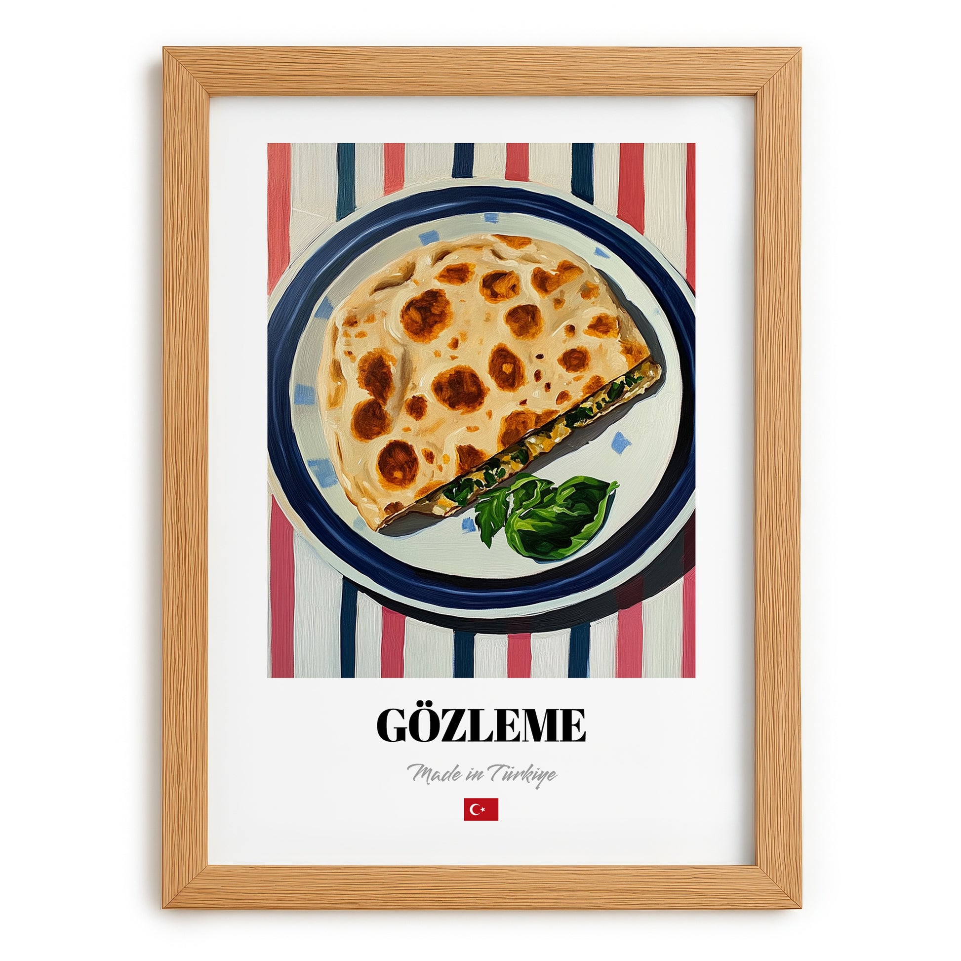 Gözleme – on Striped Tablecloth, Turkish Pastry Wall Decor, set in oak frame