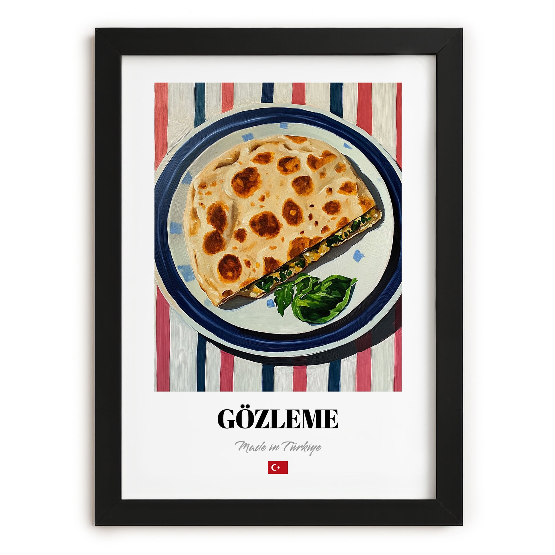 Gözleme – on Striped Tablecloth, Turkish Pastry Wall Decor, in sleek black frame
