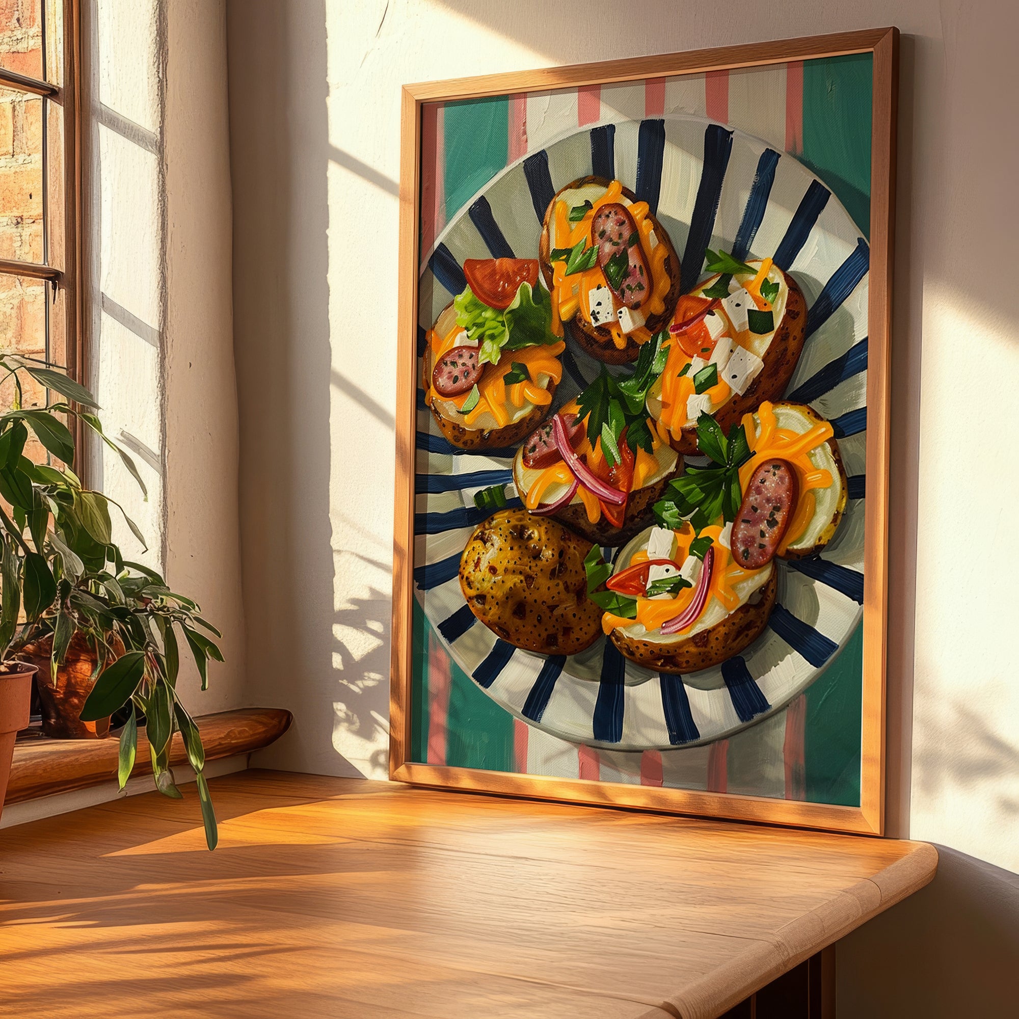 Kumpir – on Striped Tablecloth, Turkish Food Wall Decor, clean layout with no caption