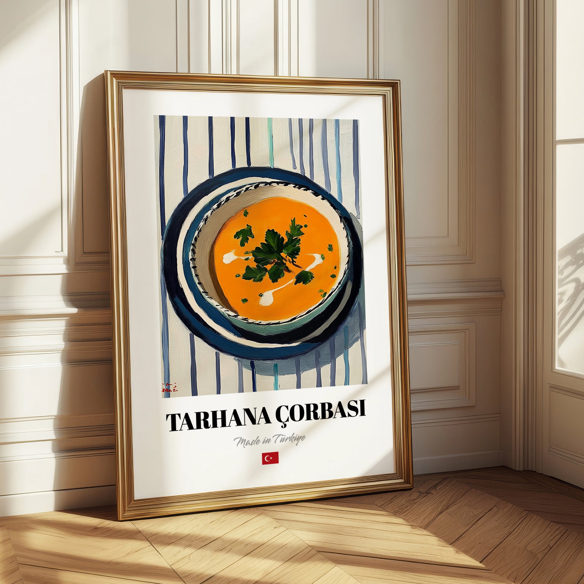 Tarhana Çorbası – on Striped Tablecloth, Turkish Food Still Life