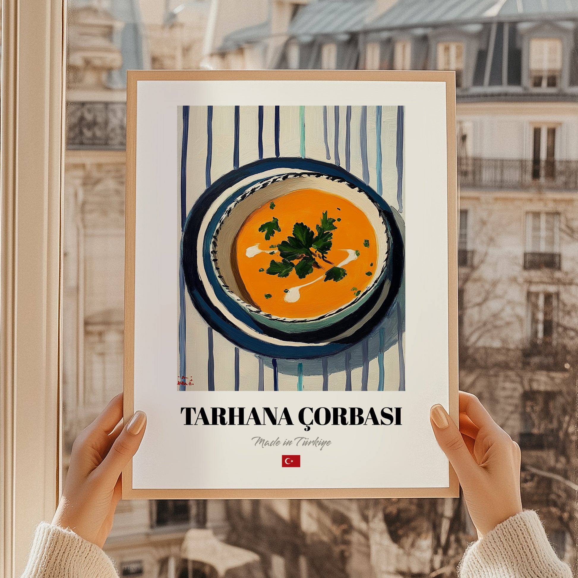 Tarhana Çorbası – on Striped Tablecloth, Turkish Food Still Life, styled in a charming Paris street view