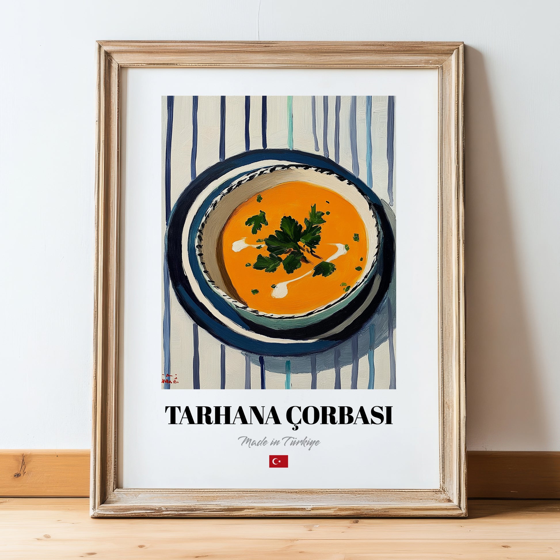 Tarhana Çorbası – on Striped Tablecloth, Turkish Food Still Life, in wooden frame leaning on the floor