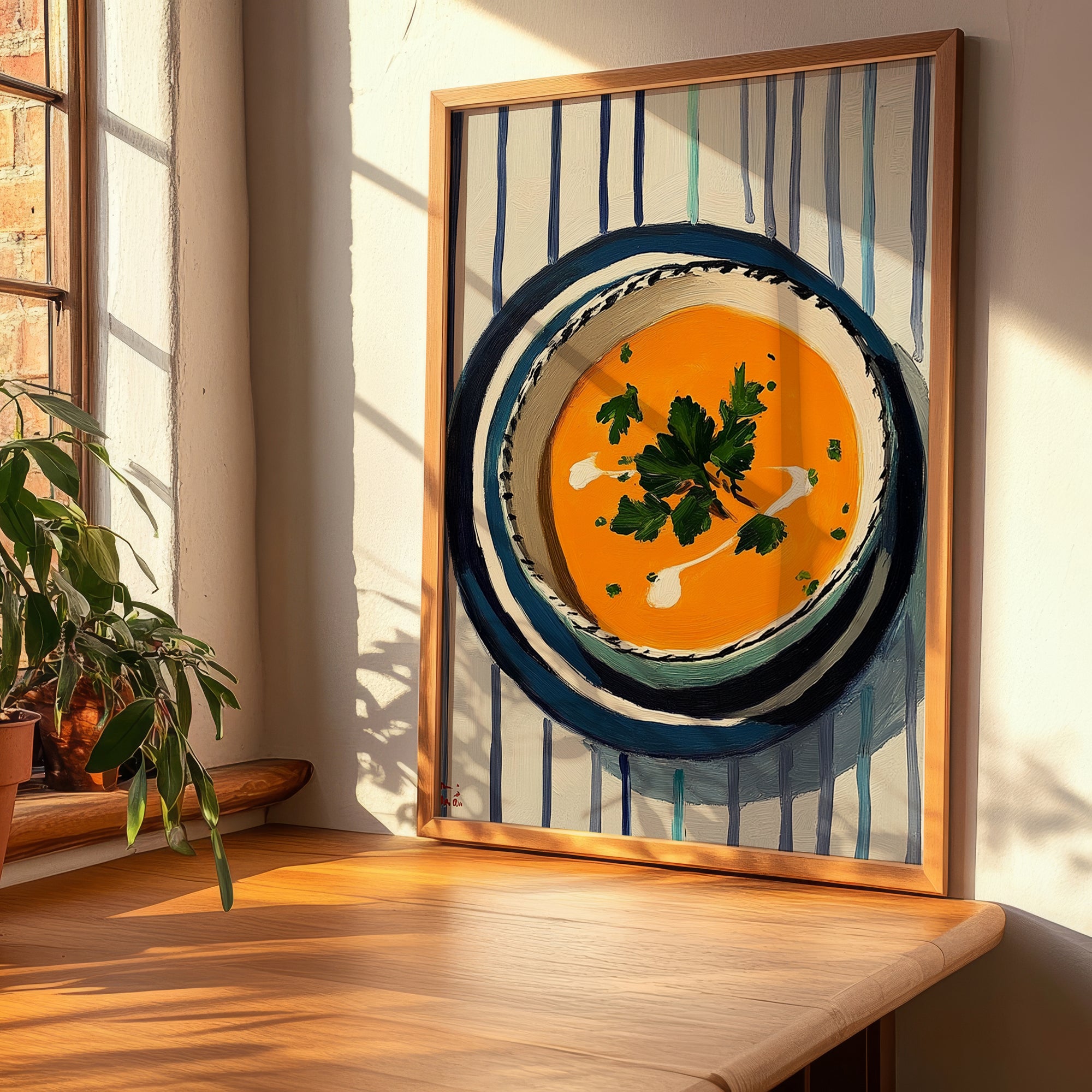 Tarhana Çorbası – on Striped Tablecloth, Turkish Food Still Life, clean layout with no caption