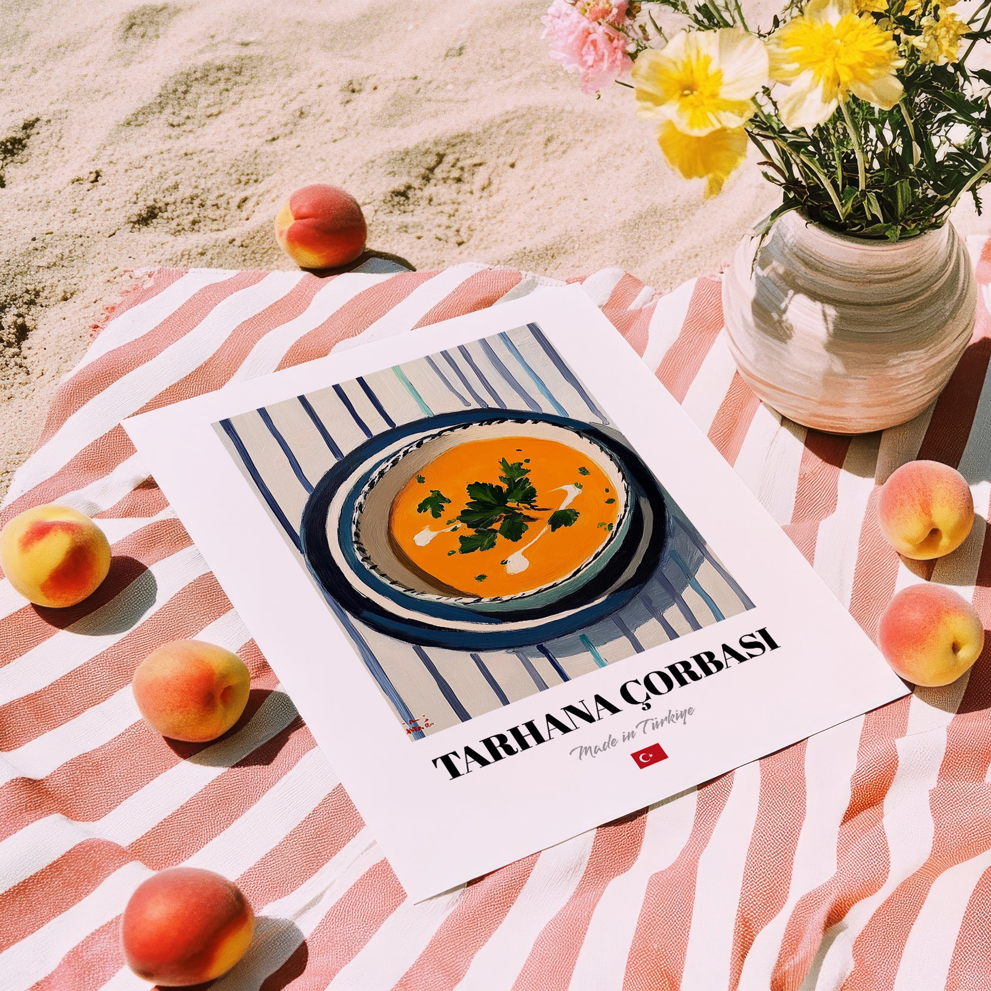 Tarhana Çorbası – on Striped Tablecloth, Turkish Food Still Life, unframed on coastal sand