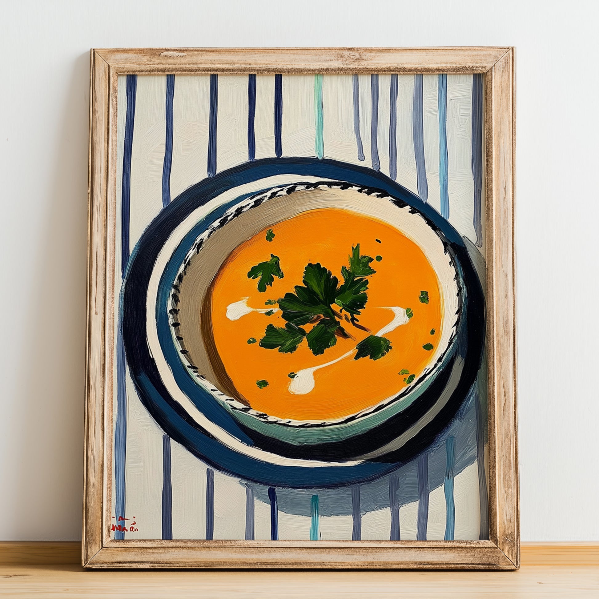 Tarhana Çorbası – on Striped Tablecloth, Turkish Food Still Life, no-text version framed in wood