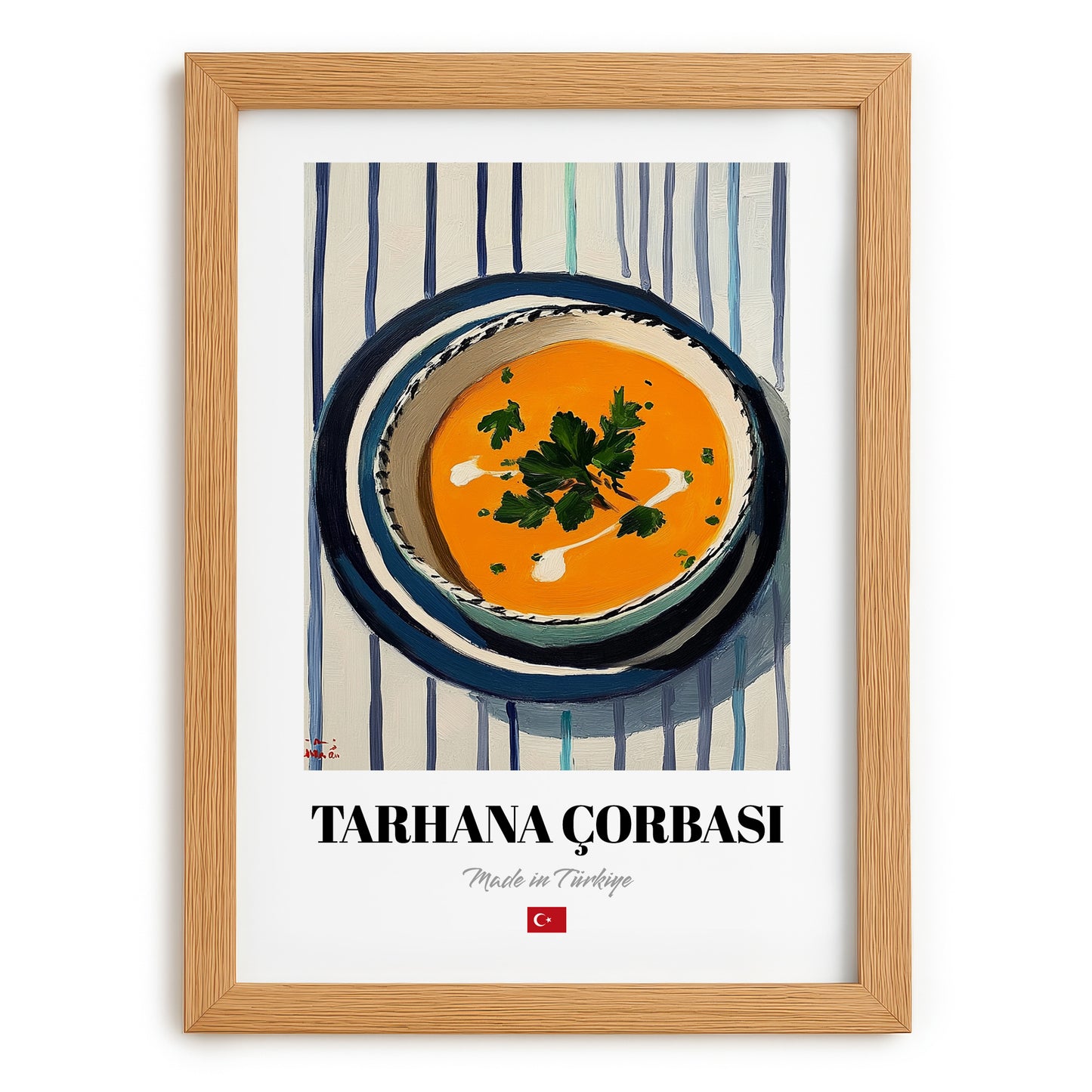 Tarhana Çorbası – on Striped Tablecloth, Turkish Food Still Life, set in oak frame