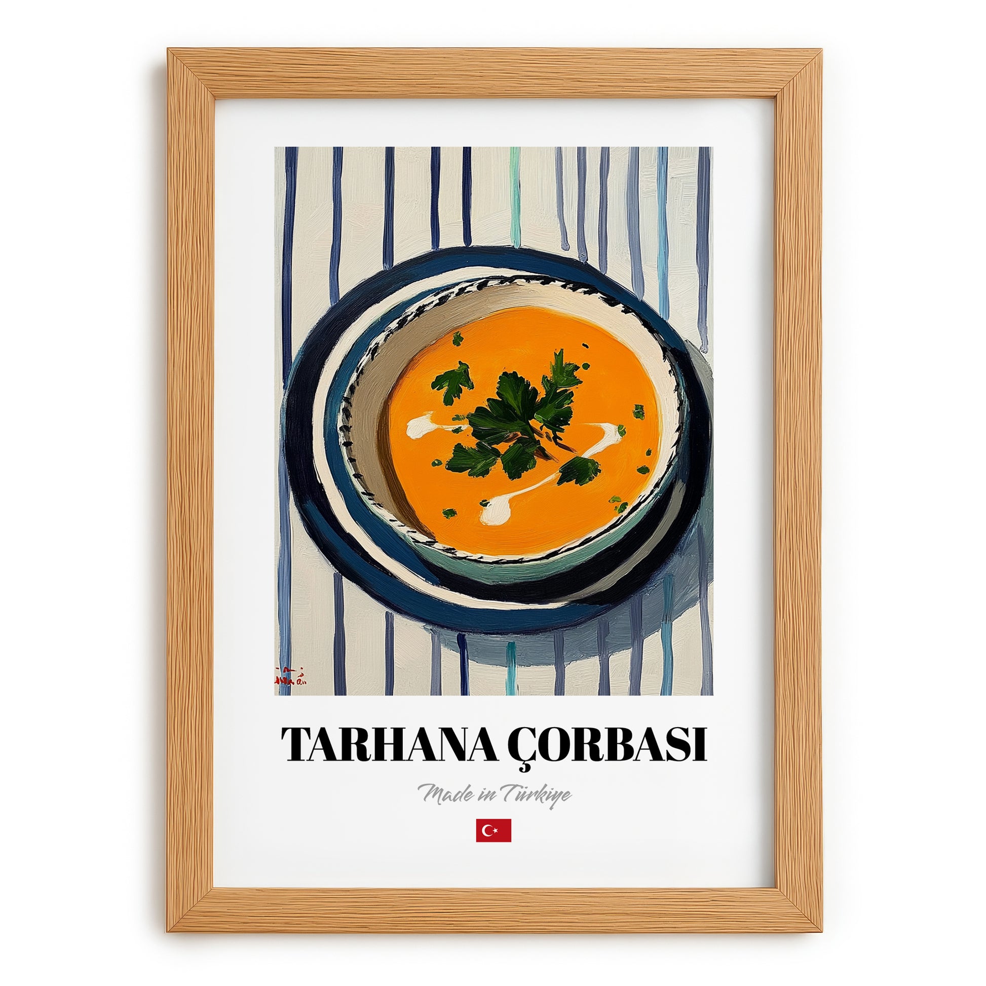 Tarhana Çorbası – on Striped Tablecloth, Turkish Food Still Life, set in oak frame