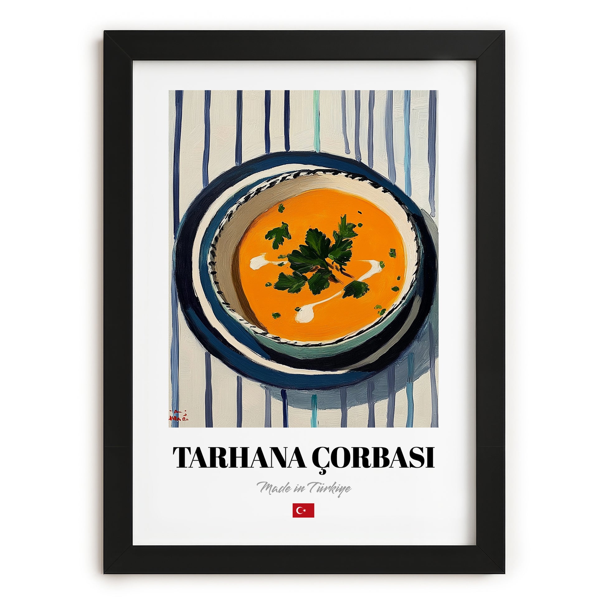 Tarhana Çorbası – on Striped Tablecloth, Turkish Food Still Life, in sleek black frame