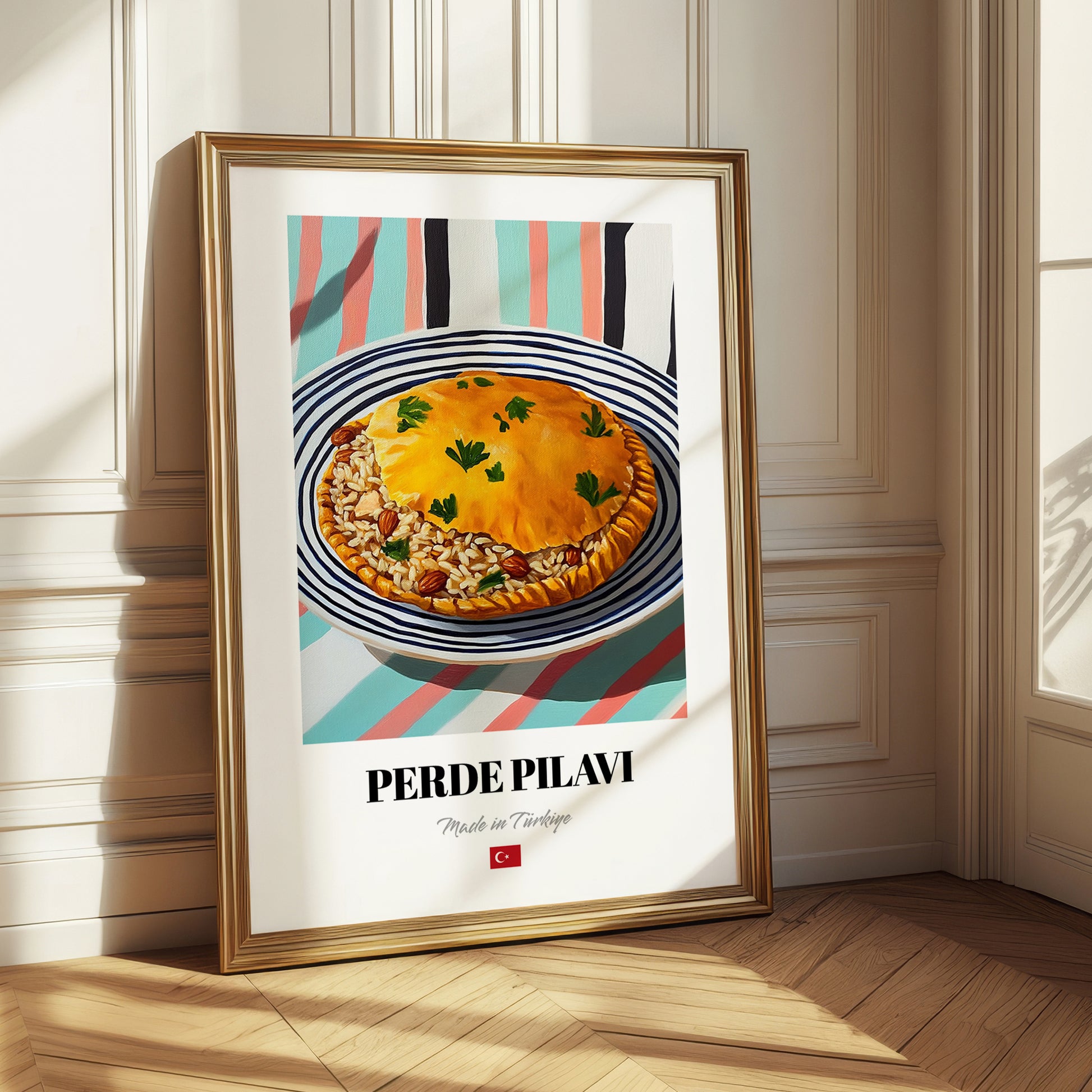 Perde Pilavı – on Striped Tablecloth, Turkish Food Illustration