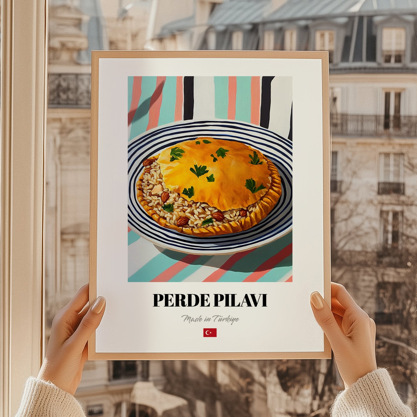 Perde Pilavı – on Striped Tablecloth, Turkish Food Illustration, styled in a charming Paris street view
