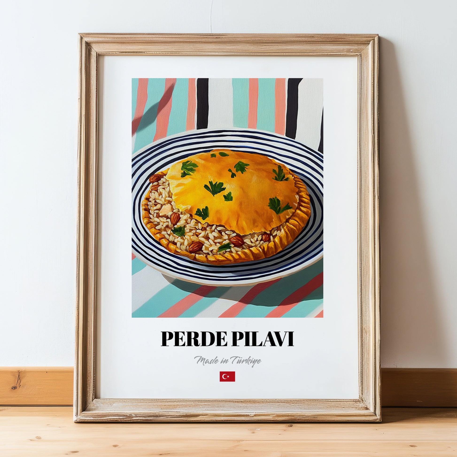 Perde Pilavı – on Striped Tablecloth, Turkish Food Illustration, in wooden frame leaning on the floor