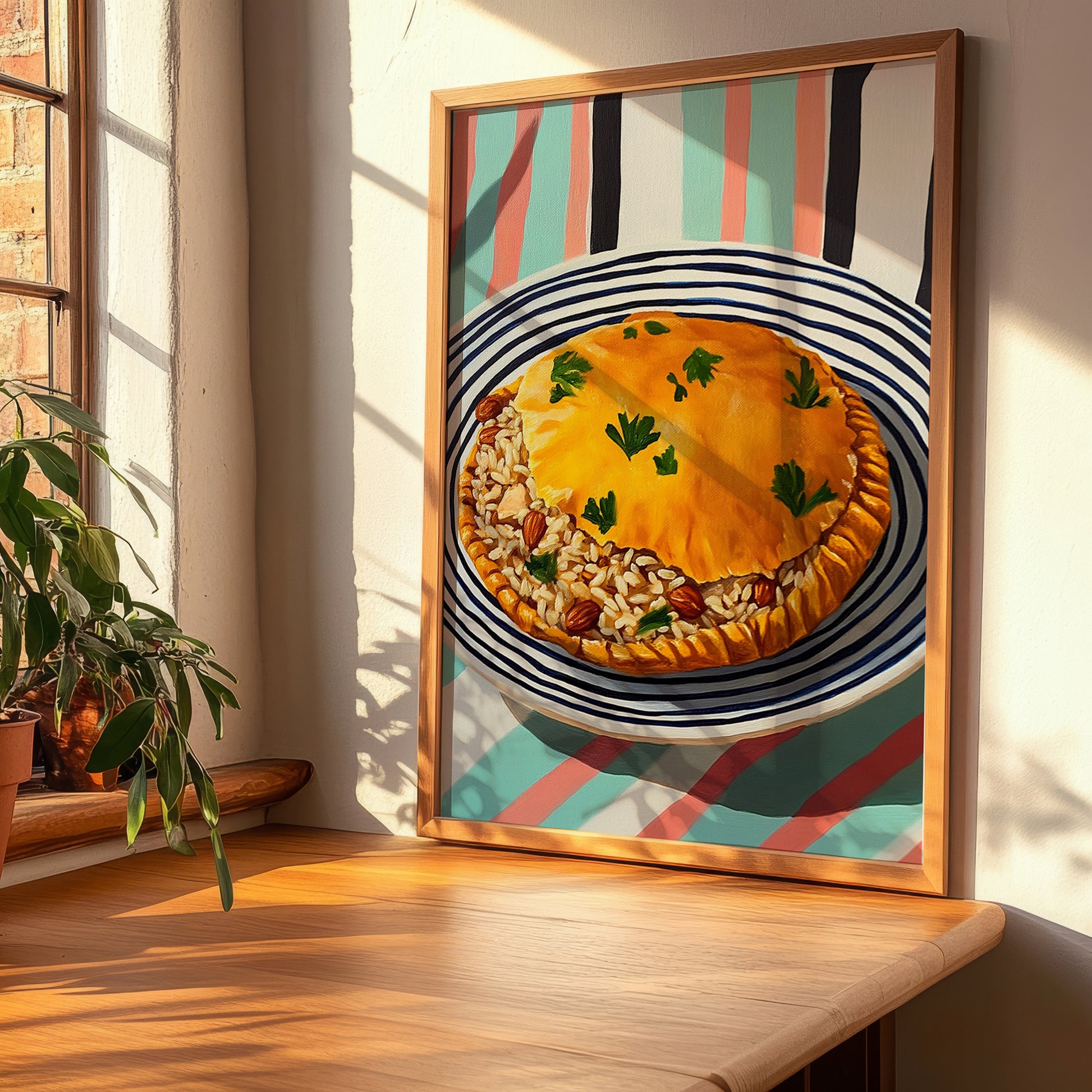Perde Pilavı – on Striped Tablecloth, Turkish Food Illustration, clean layout with no caption