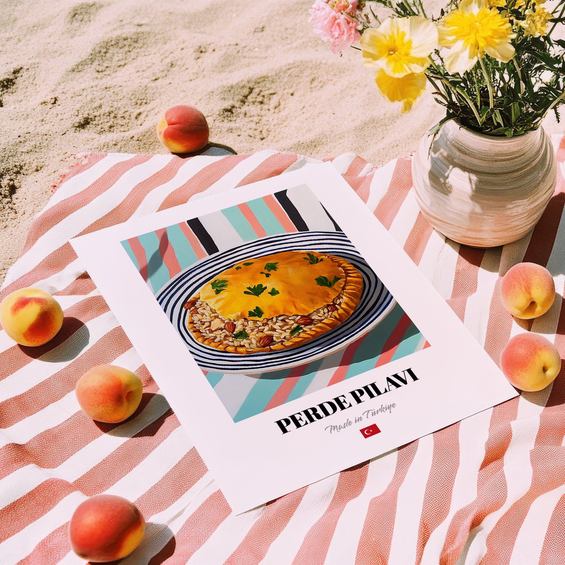 Perde Pilavı – on Striped Tablecloth, Turkish Food Illustration, unframed on coastal sand