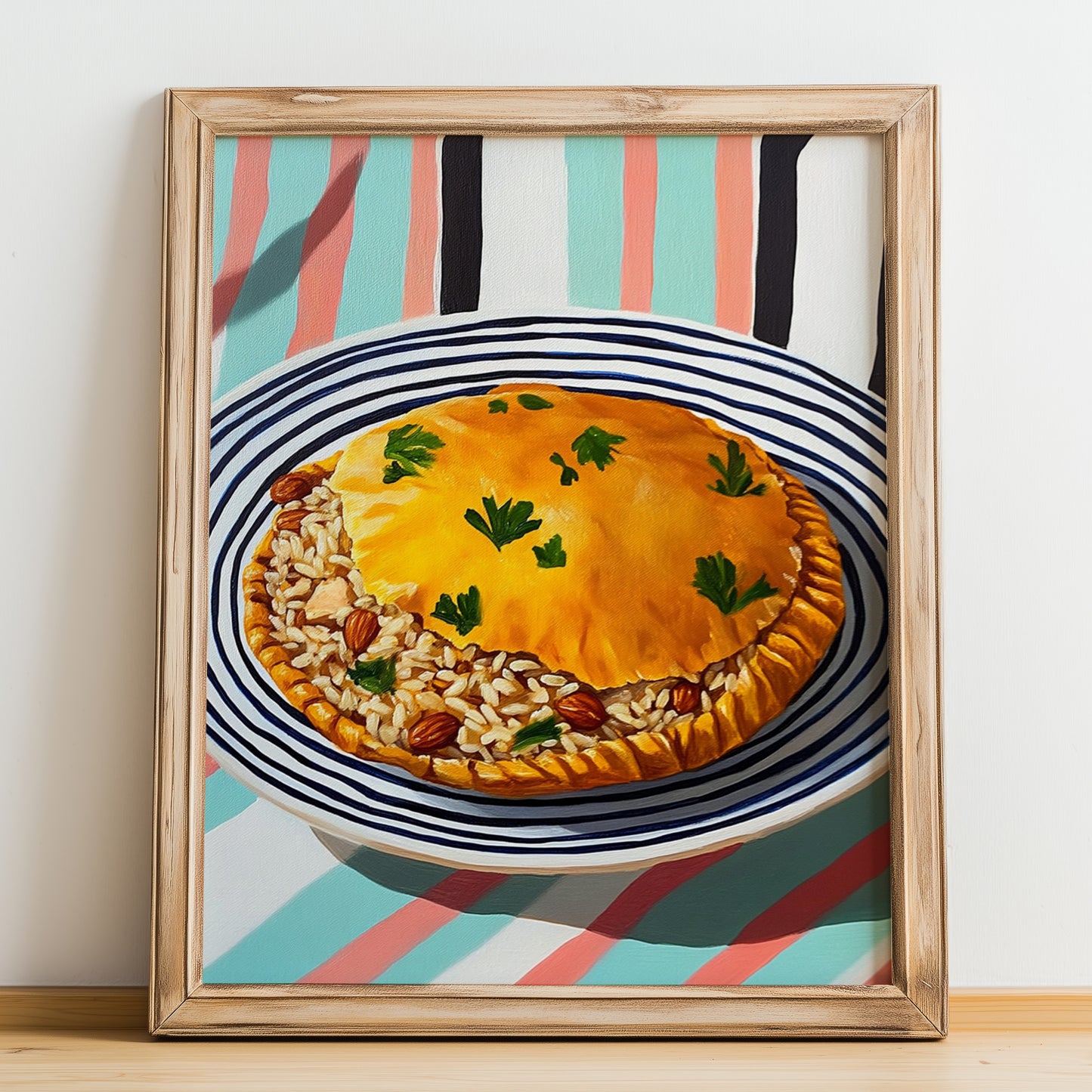 Perde Pilavı – on Striped Tablecloth, Turkish Food Illustration, no-text version framed in wood
