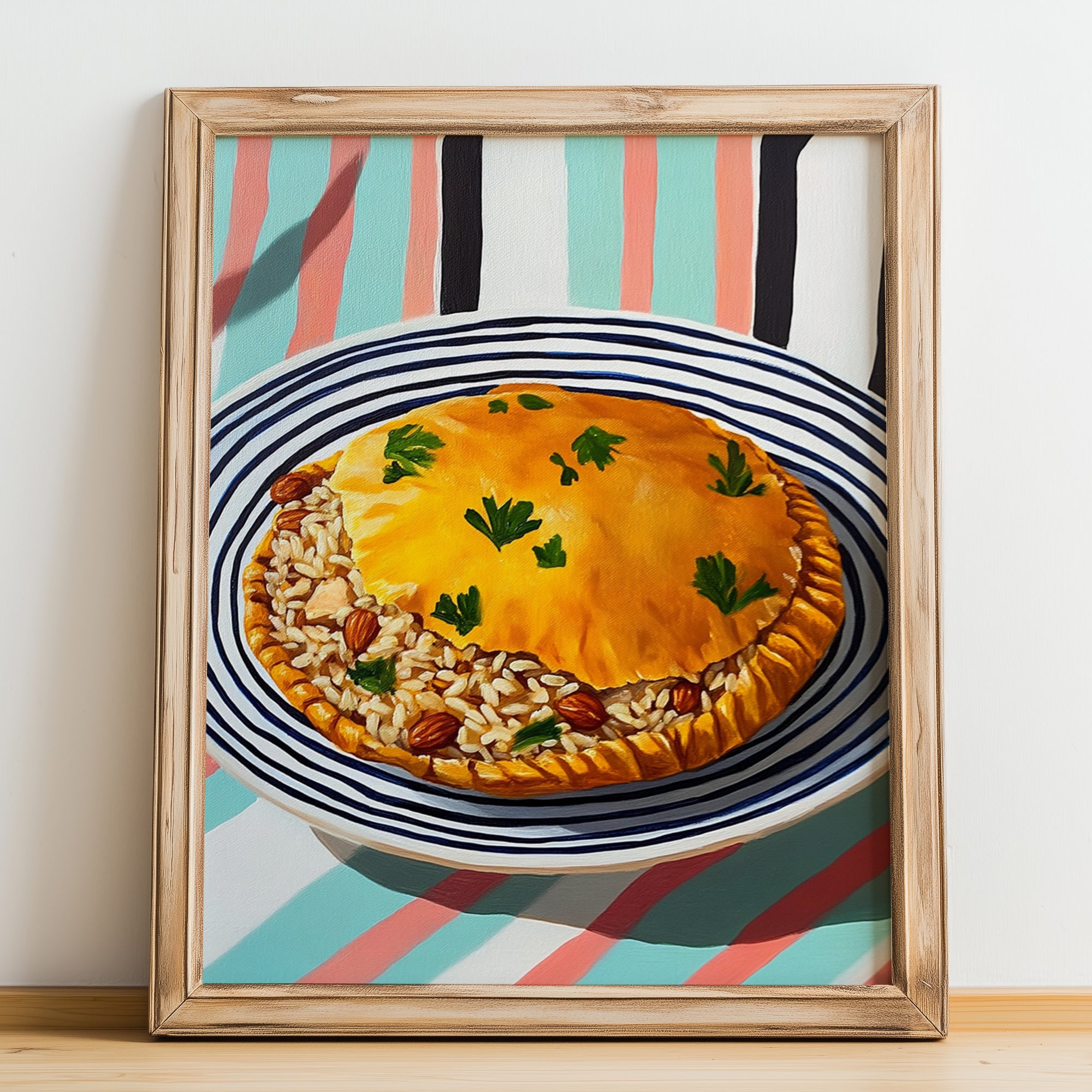 Perde Pilavı – on Striped Tablecloth, Turkish Food Illustration, no-text version framed in wood