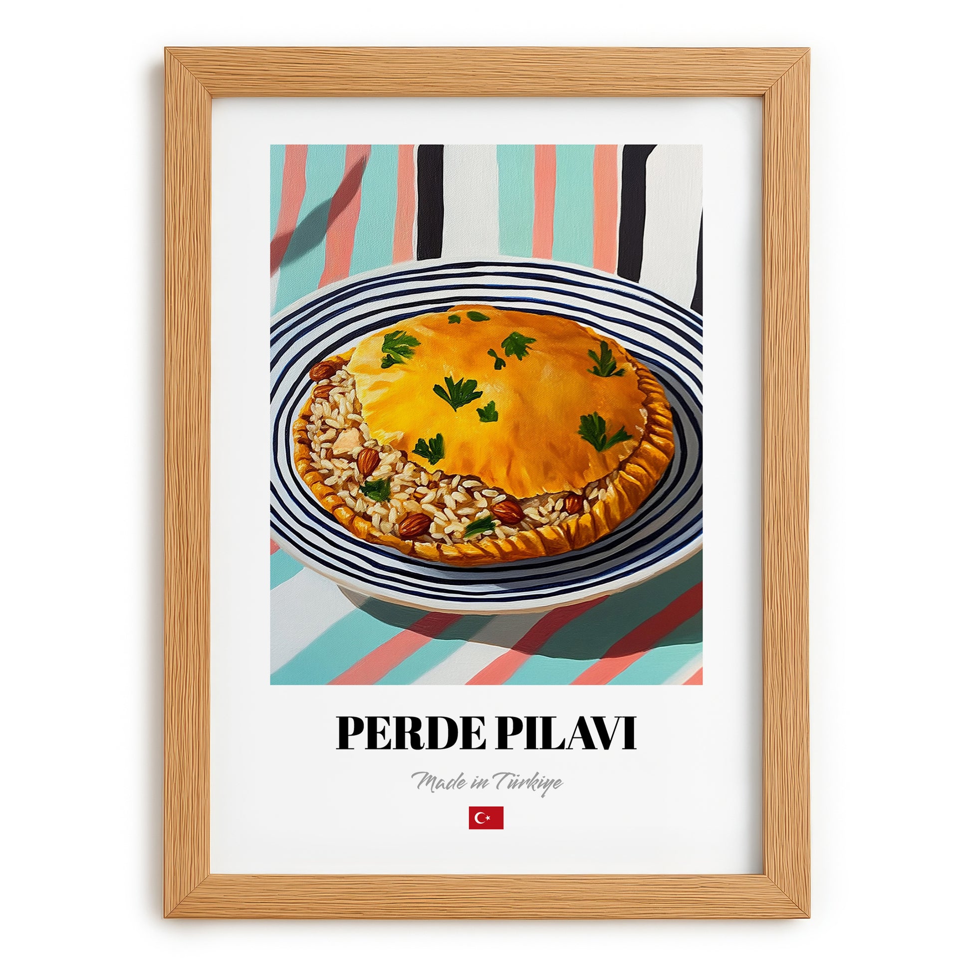 Perde Pilavı – on Striped Tablecloth, Turkish Food Illustration, set in oak frame