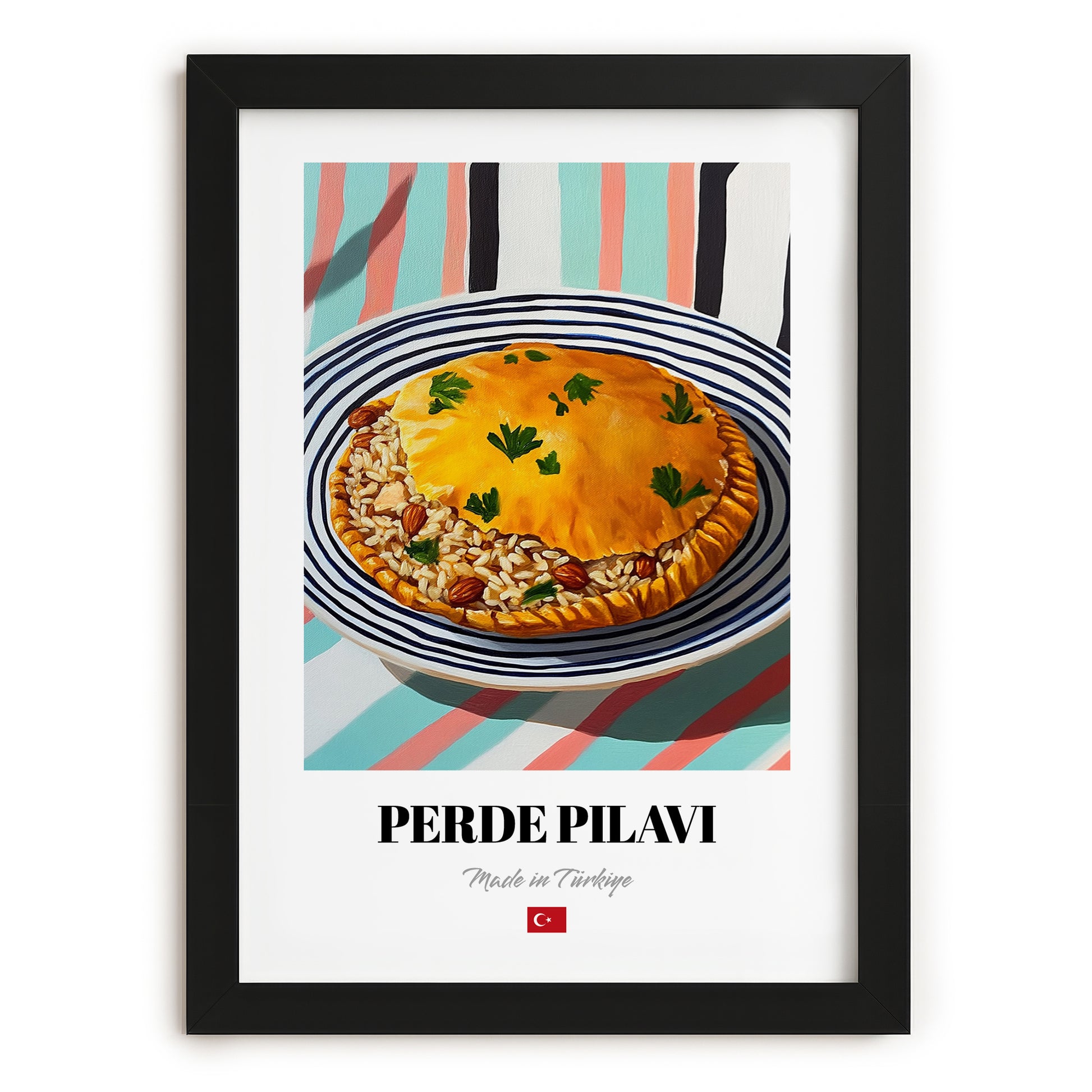 Perde Pilavı – on Striped Tablecloth, Turkish Food Illustration, in sleek black frame
