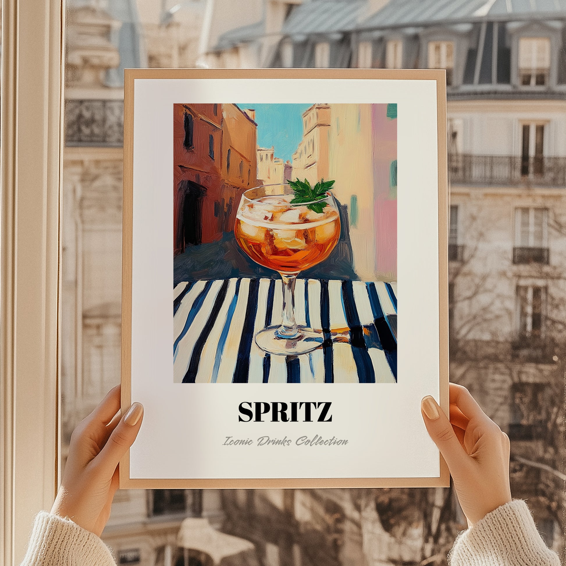 Spritz – Italian Café on the Corner, Italian Cocktail Poster, styled in a charming Paris street view