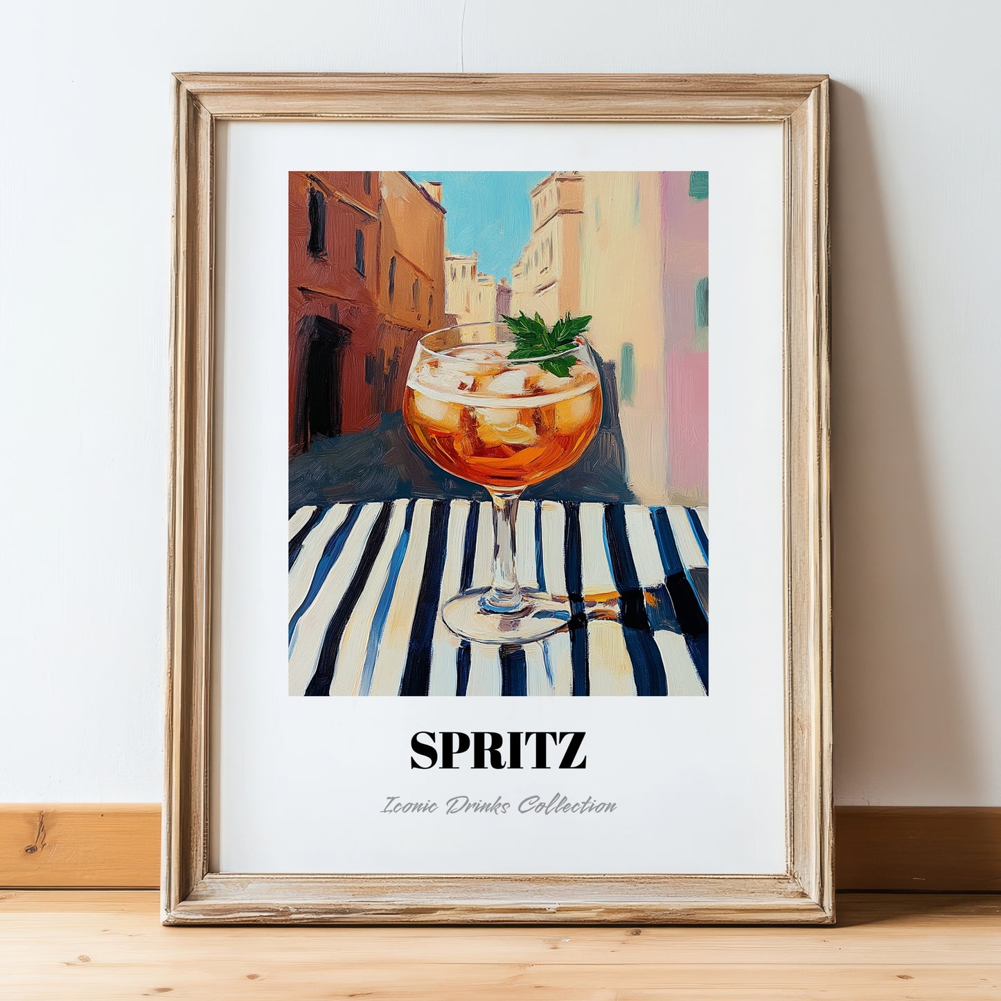 Spritz – Italian Café on the Corner, Italian Cocktail Poster, in wooden frame leaning on the floor