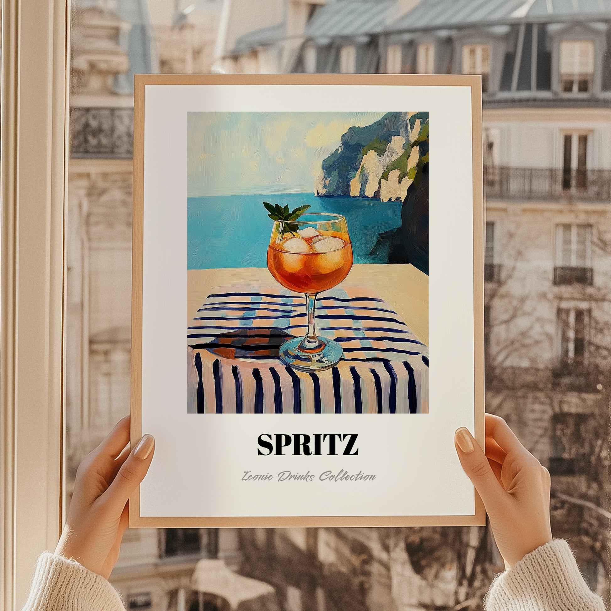 Spritz – Italian Seaside Café Scene, Italian Cocktail Illustration, styled in a charming Paris street view