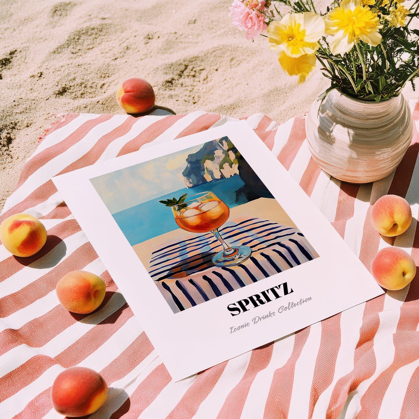 Spritz – Italian Seaside Café Scene, Italian Cocktail Illustration, unframed on coastal sand