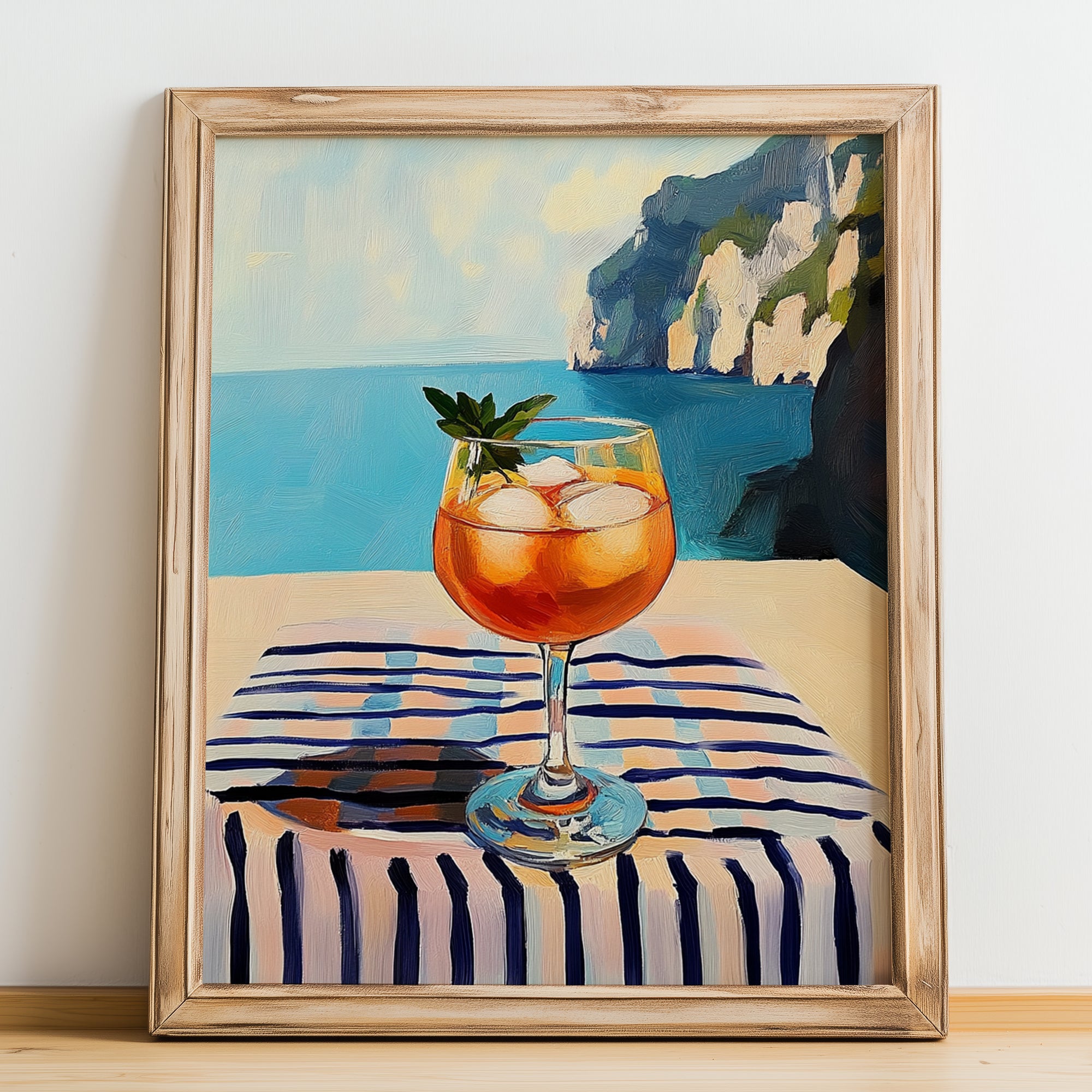 Spritz – Italian Seaside Café Scene, Italian Cocktail Illustration, no-text version framed in wood