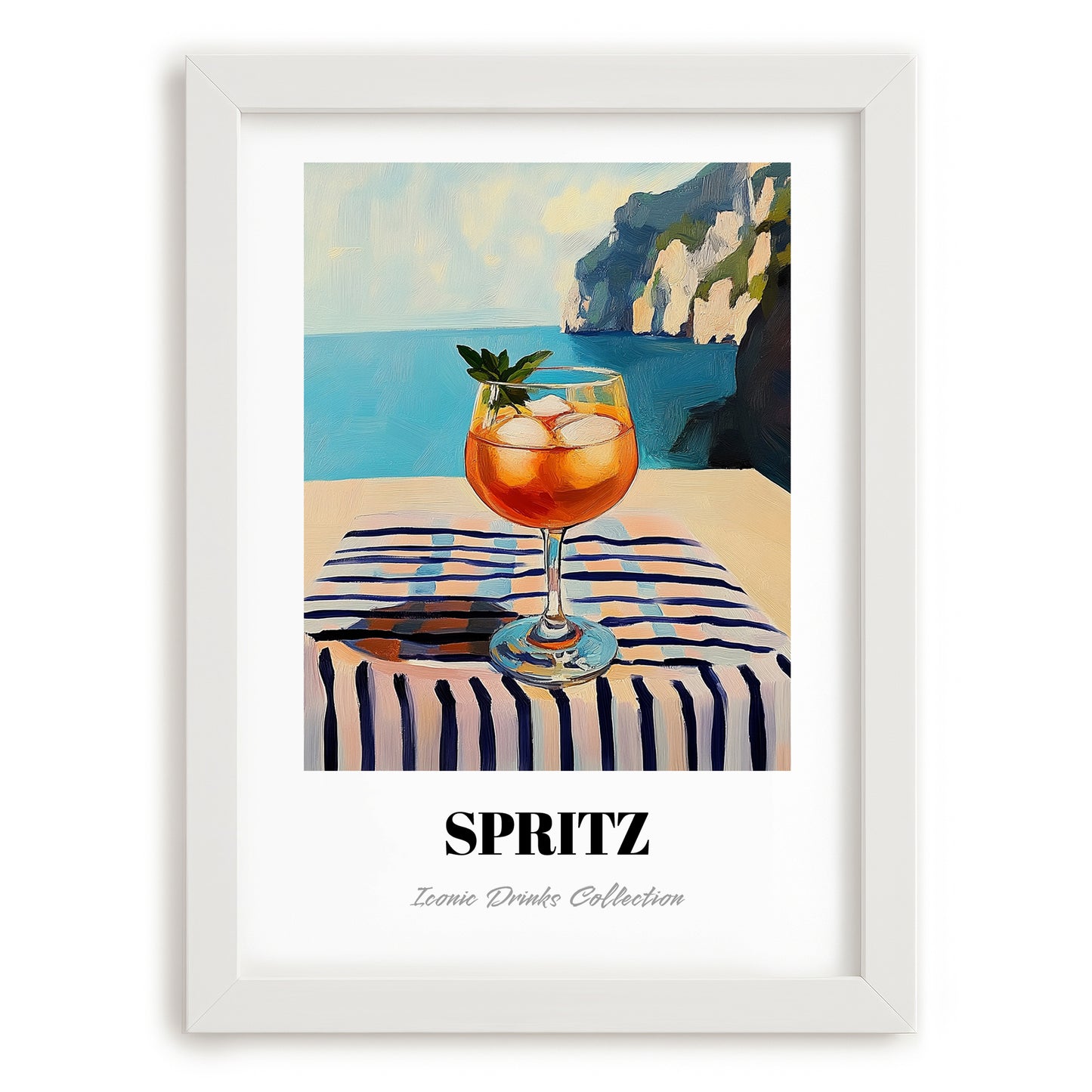 Spritz – Italian Seaside Café Scene, Italian Cocktail Illustration, placed in minimal white frame