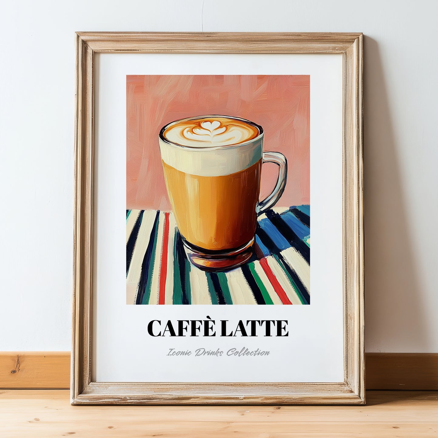 Caffè Latte – on Striped Tablecloth, Italian Coffee Wall Decor, in wooden frame leaning on the floor