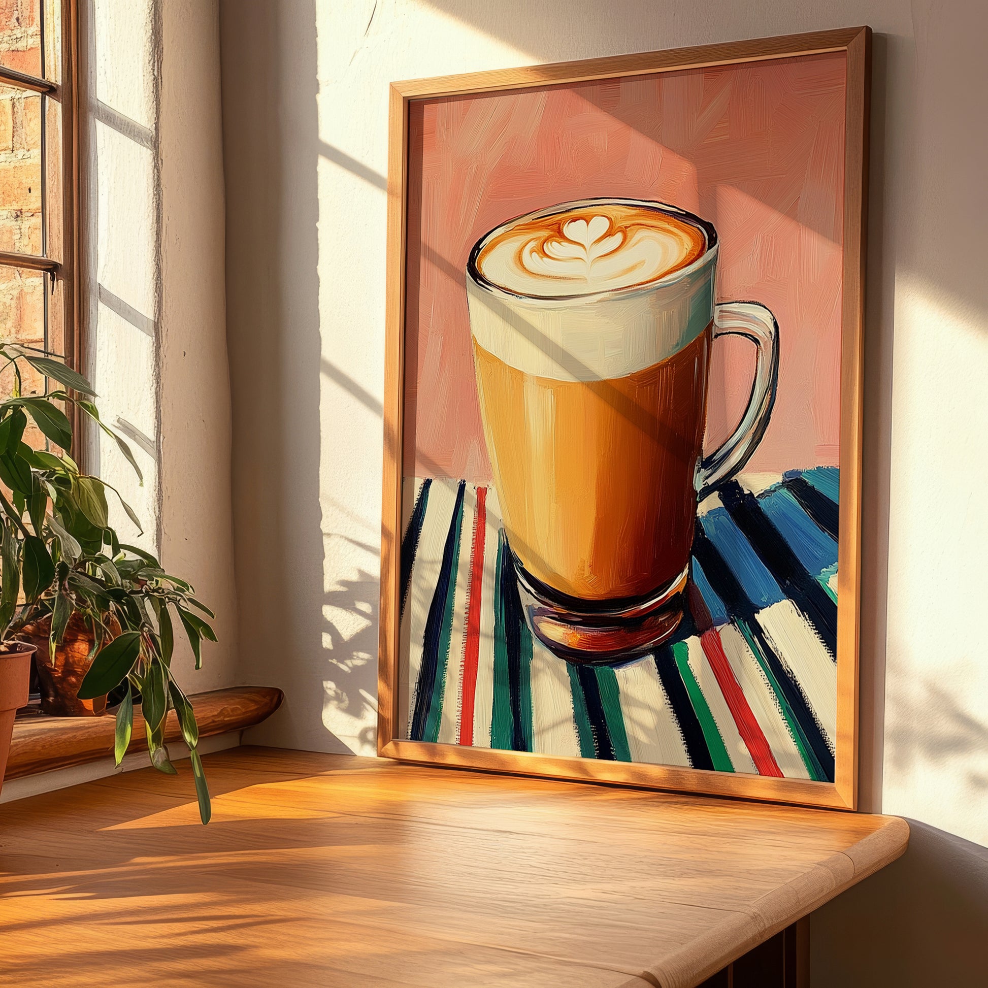 Caffè Latte – on Striped Tablecloth, Italian Coffee Wall Decor, clean layout with no caption