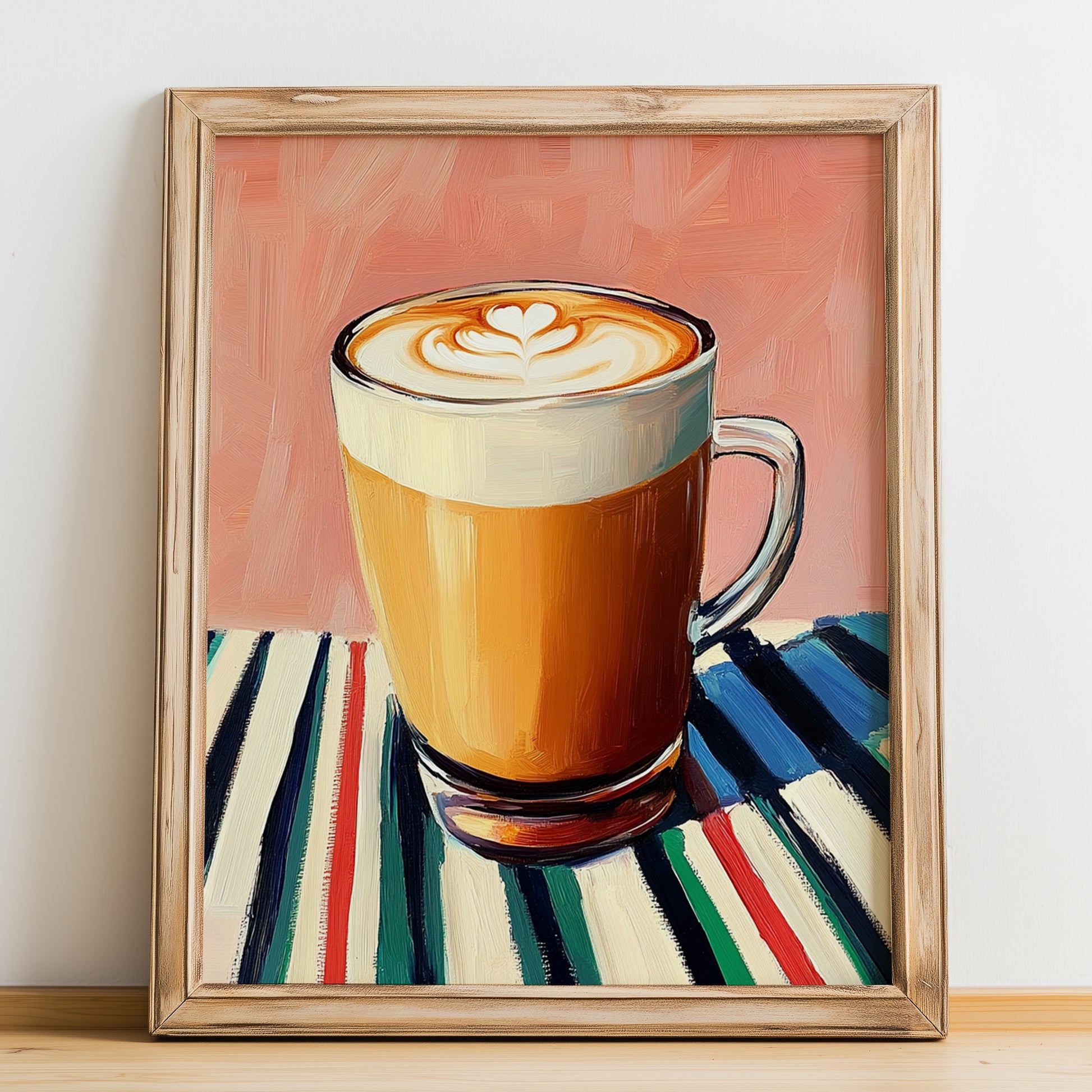 Caffè Latte – on Striped Tablecloth, Italian Coffee Wall Decor, no-text version framed in wood