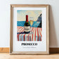 Prosecco – Italian Seaside Café Scene, Italian Wine Still Life, in wooden frame leaning on the floor